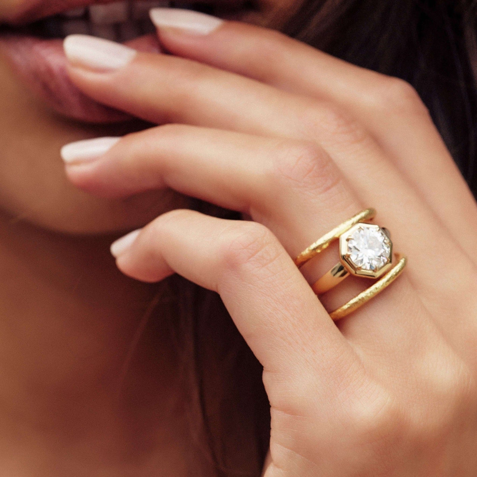 SINGLE STONE LARGE JANE BAND | 2mm handcrafted hammer finished 22K yellow gold band. Please inquire for additional customization.