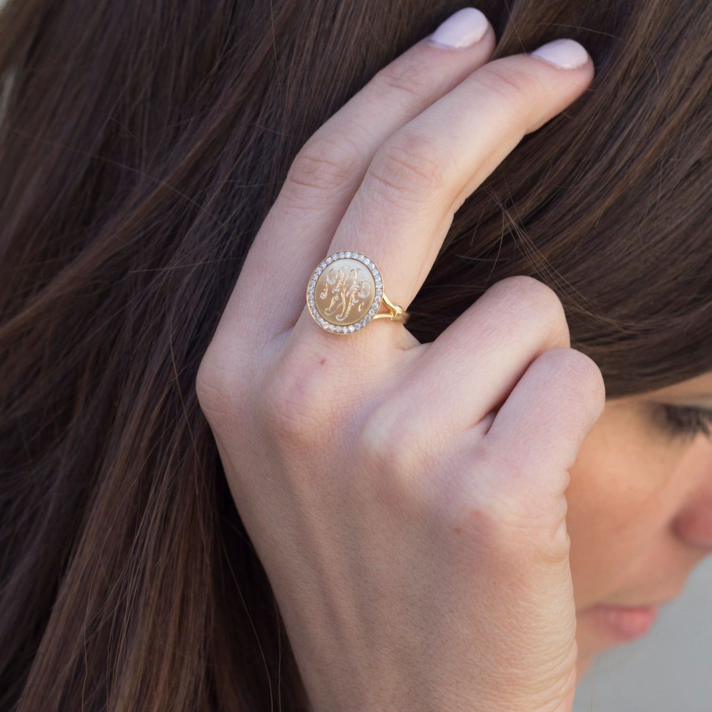 SINGLE STONE PAXTON RING featuring Vintage inspired 18K yellow gold signet ring with an approximately 0.20ctw old European cut diamond surround frame. Make it personal! Price includes monogrammed engraving of up to three letters in any of the styles shown