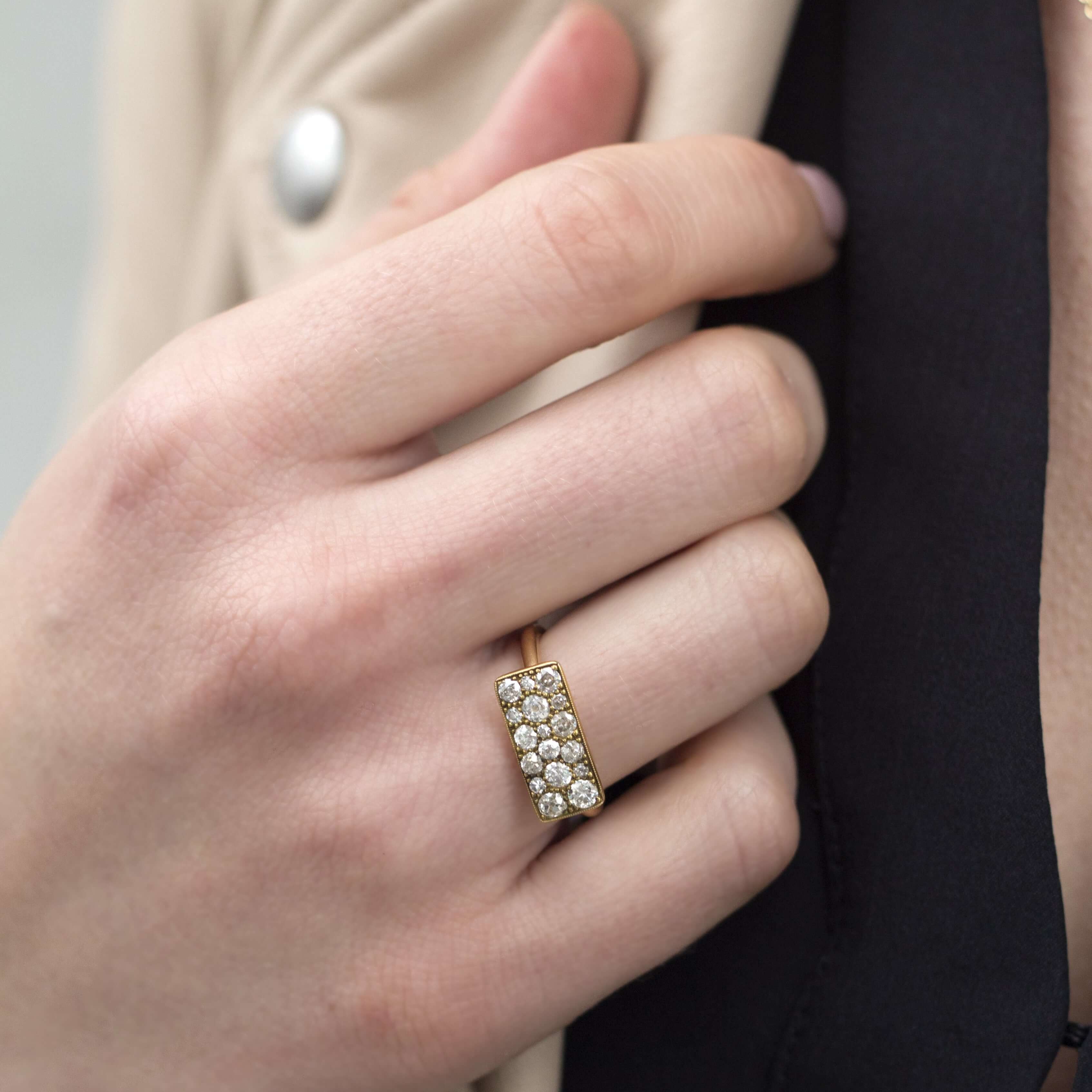 SINGLE STONE MILO COBBLESTONE RING RING featuring 0.95ctw various old cut and round brilliant cut diamonds set in a handcrafted 18K yellow gold mounting. Price may vary according to total diamond weight. *Cobblestone pattern may vary from piece to piece