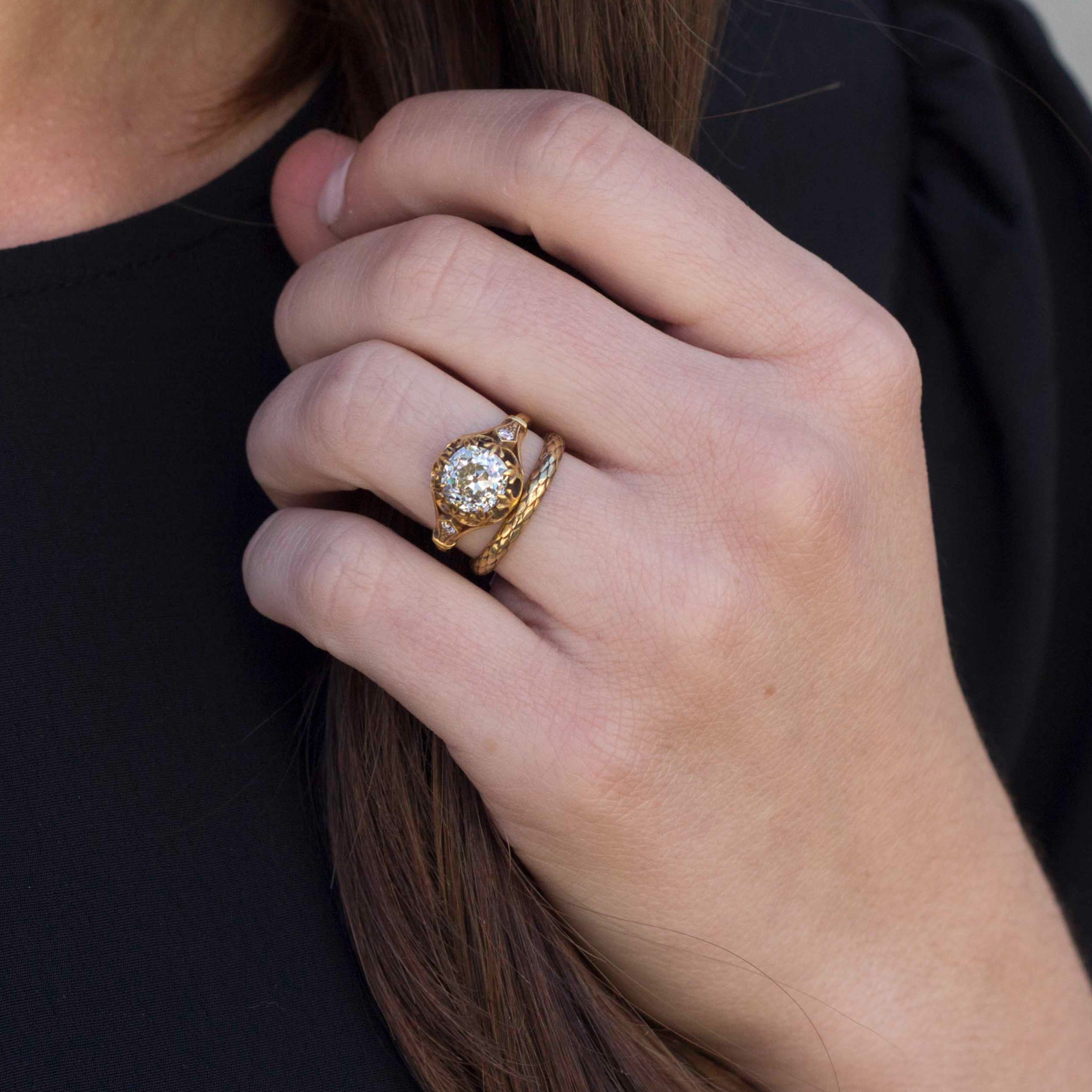 SINGLE STONE SMALL EDEN BAND | 2.5mm handcrafted 18K oxidized yellow gold ladies' snake scale pattern band. Please inquire for additional customization.