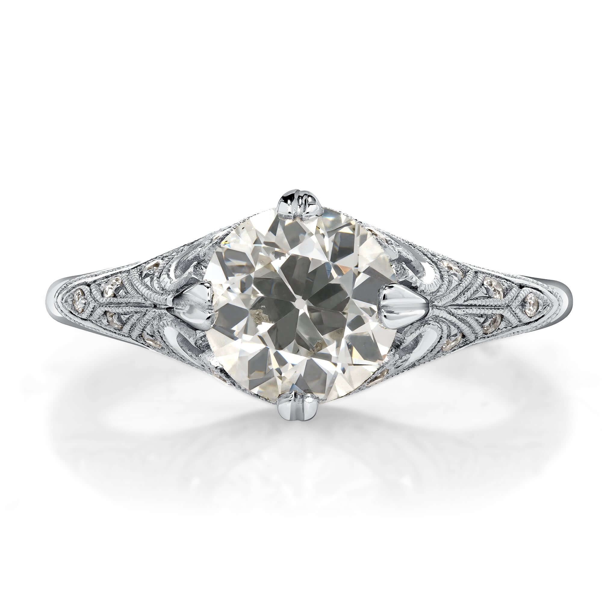 SINGLE STONE ITZELA RING featuring 1.35ct J/VS1 GIA certified old European cut diamond with 0.10ctw old European cut accent diamonds set in a handcrafted platinum mounting.