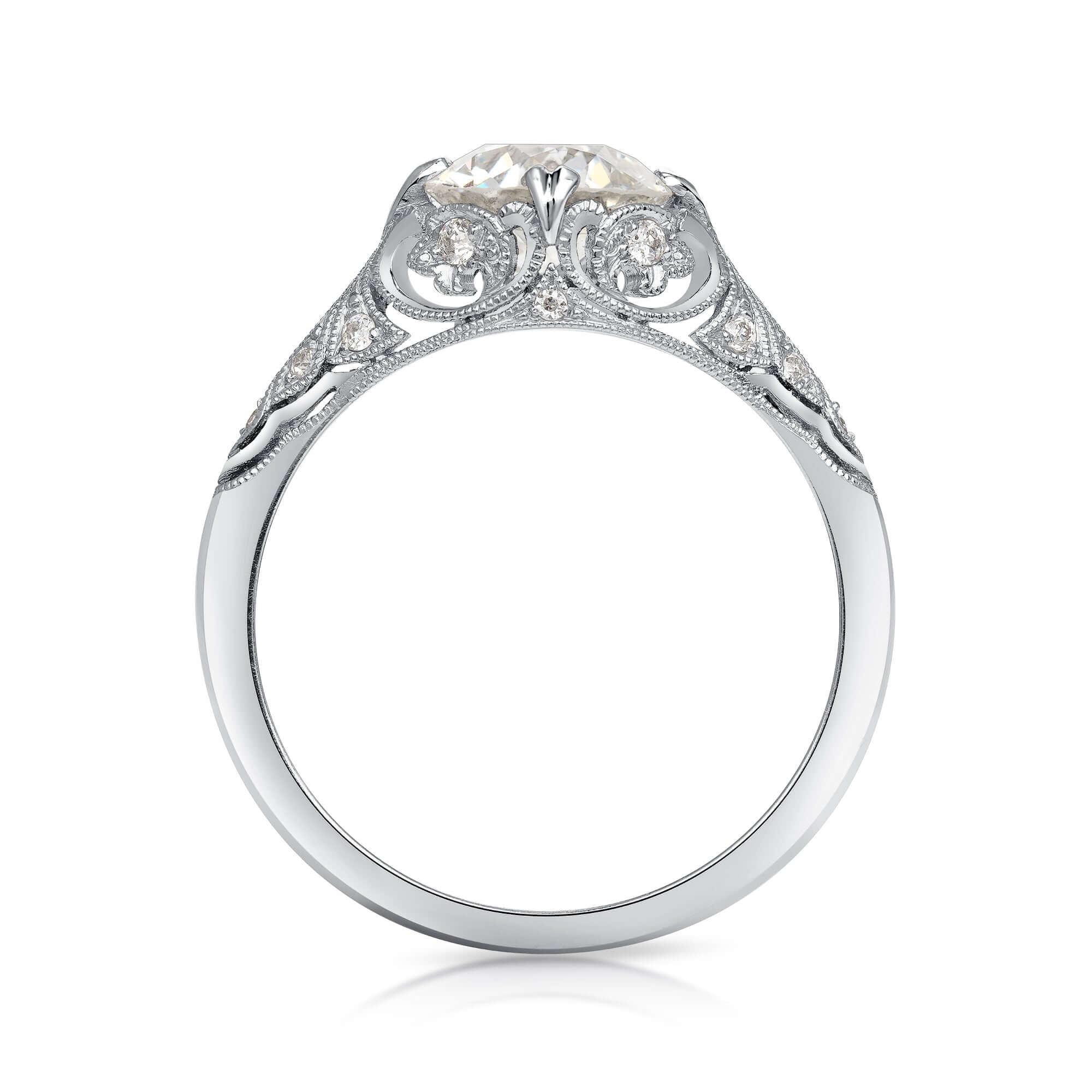 SINGLE STONE ITZELA RING featuring 1.35ct J/VS1 GIA certified old European cut diamond with 0.10ctw old European cut accent diamonds set in a handcrafted platinum mounting.