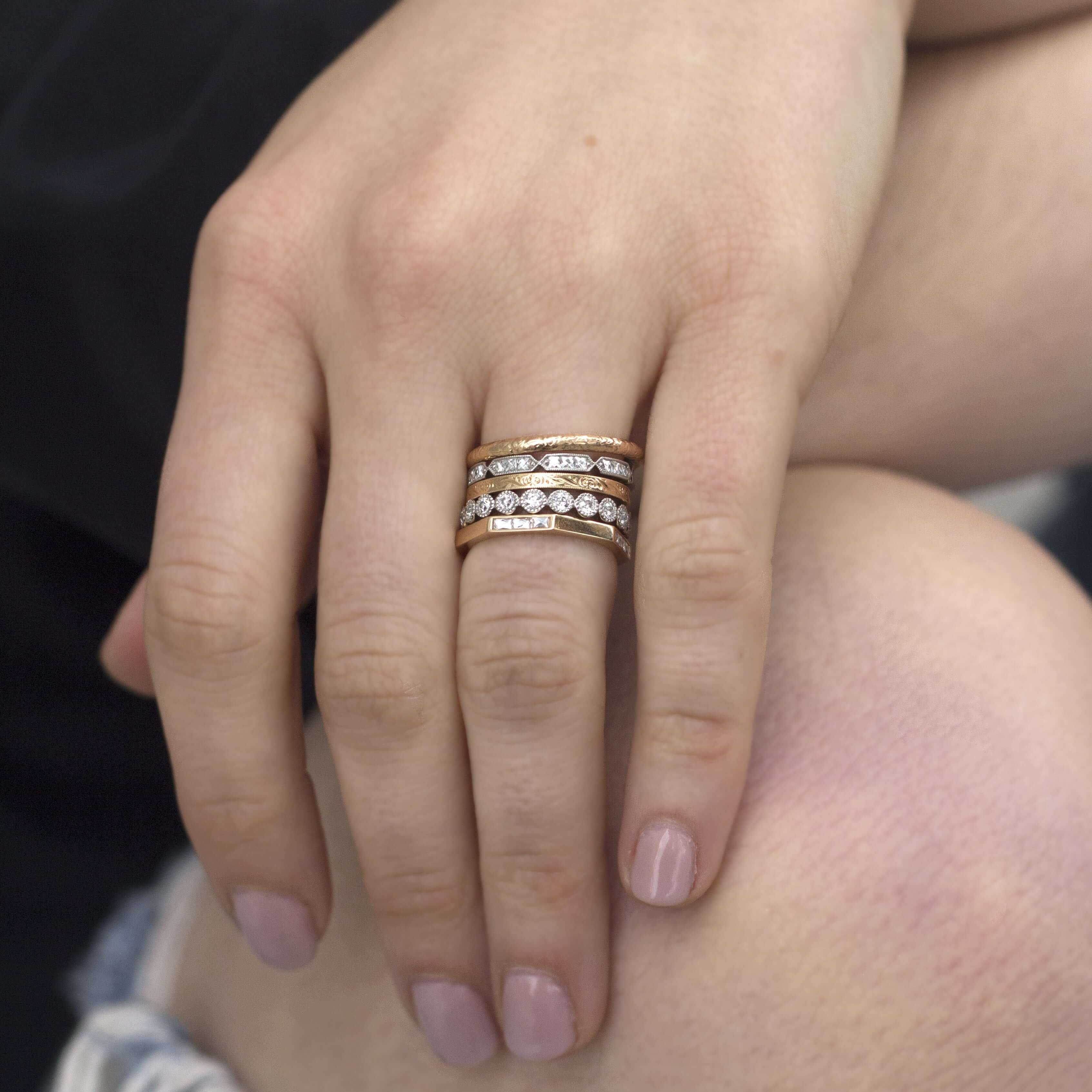 SINGLE STONE JACQUELINE BAND | Approximately 0.40ctw G-H/VS French cut diamonds set in a handcrafted sectional band. Approximate band width 2mm. Please inquire for additional customization.