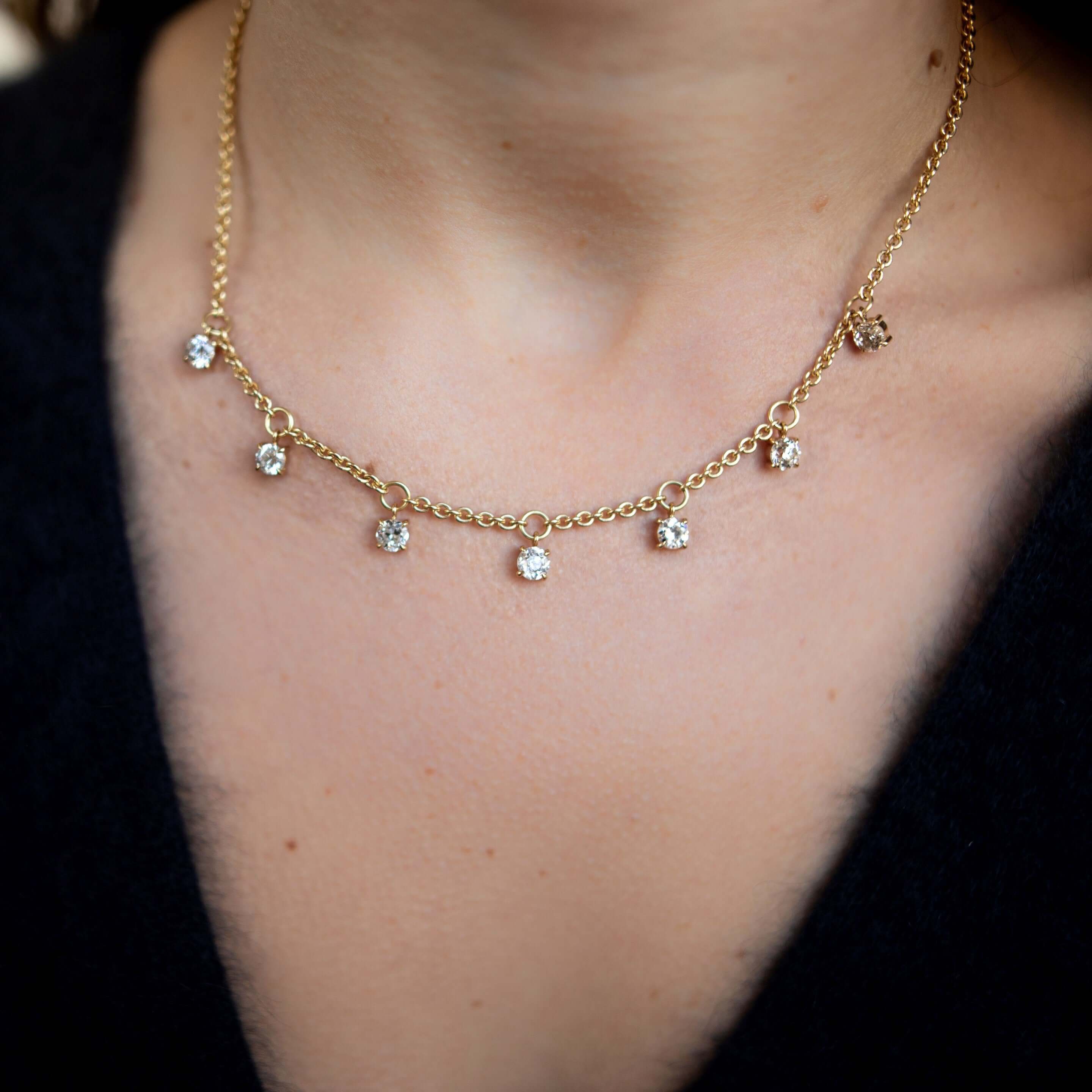 SINGLE STONE JAYLEN NECKLACE featuring Approximately 2.75ctw I-K/VS2-SI2 old European cut diamonds prong set on a handcrafted 17" 18K yellow gold chain.