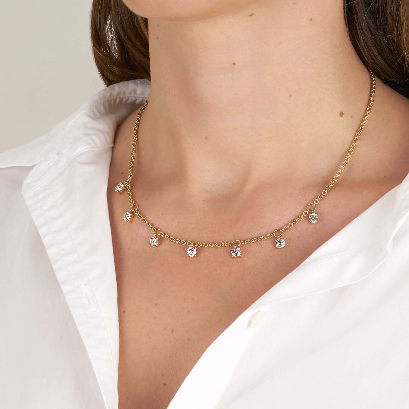 SINGLE STONE JAYLEN NECKLACE featuring Approximately 2.75ctw I-K/VS2-SI2 old European cut diamonds prong set on a handcrafted 17" 18K yellow gold chain.