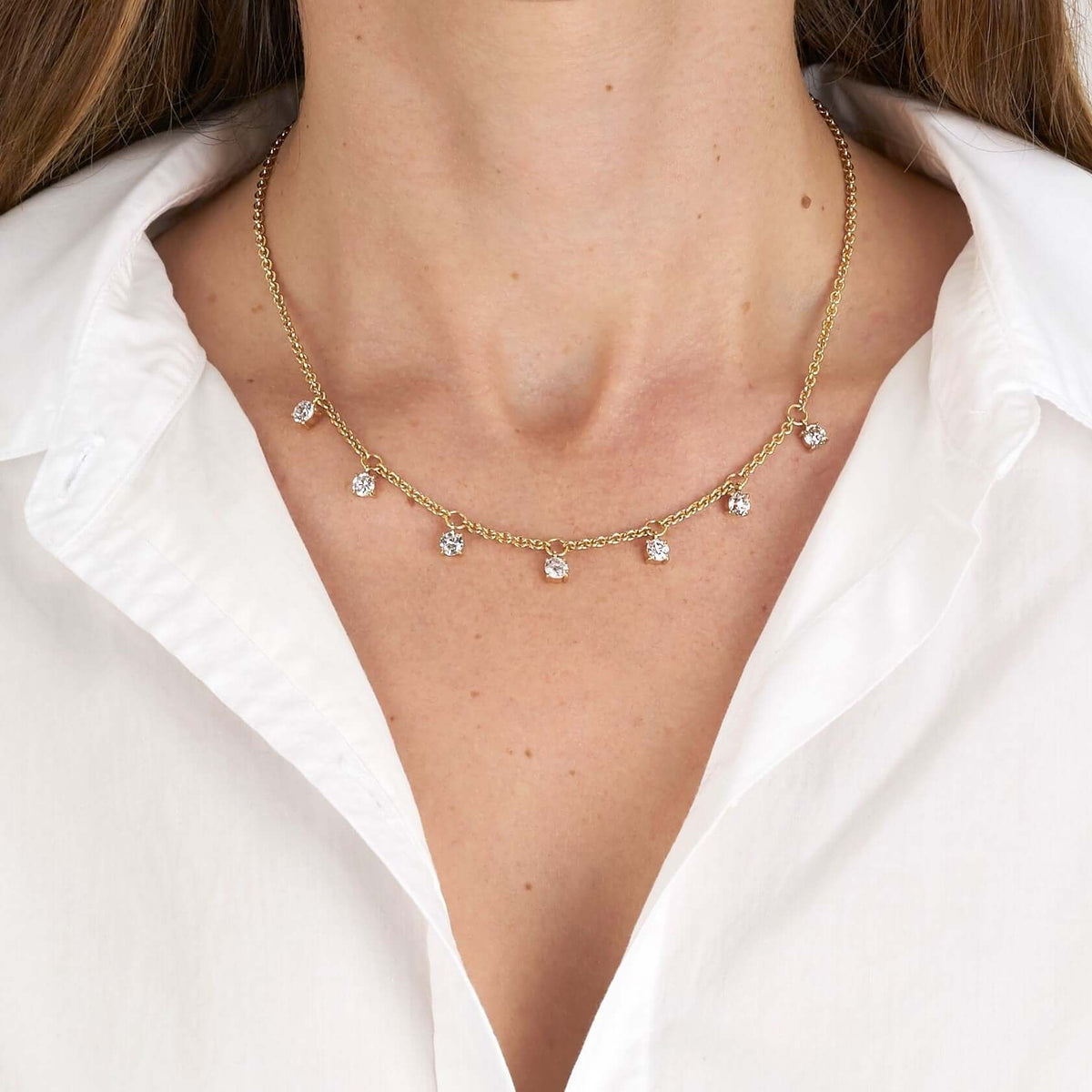 SINGLE STONE JAYLEN NECKLACE featuring Approximately 2.75ctw I-K/VS2-SI2 old European cut diamonds prong set on a handcrafted 17" 18K yellow gold chain.