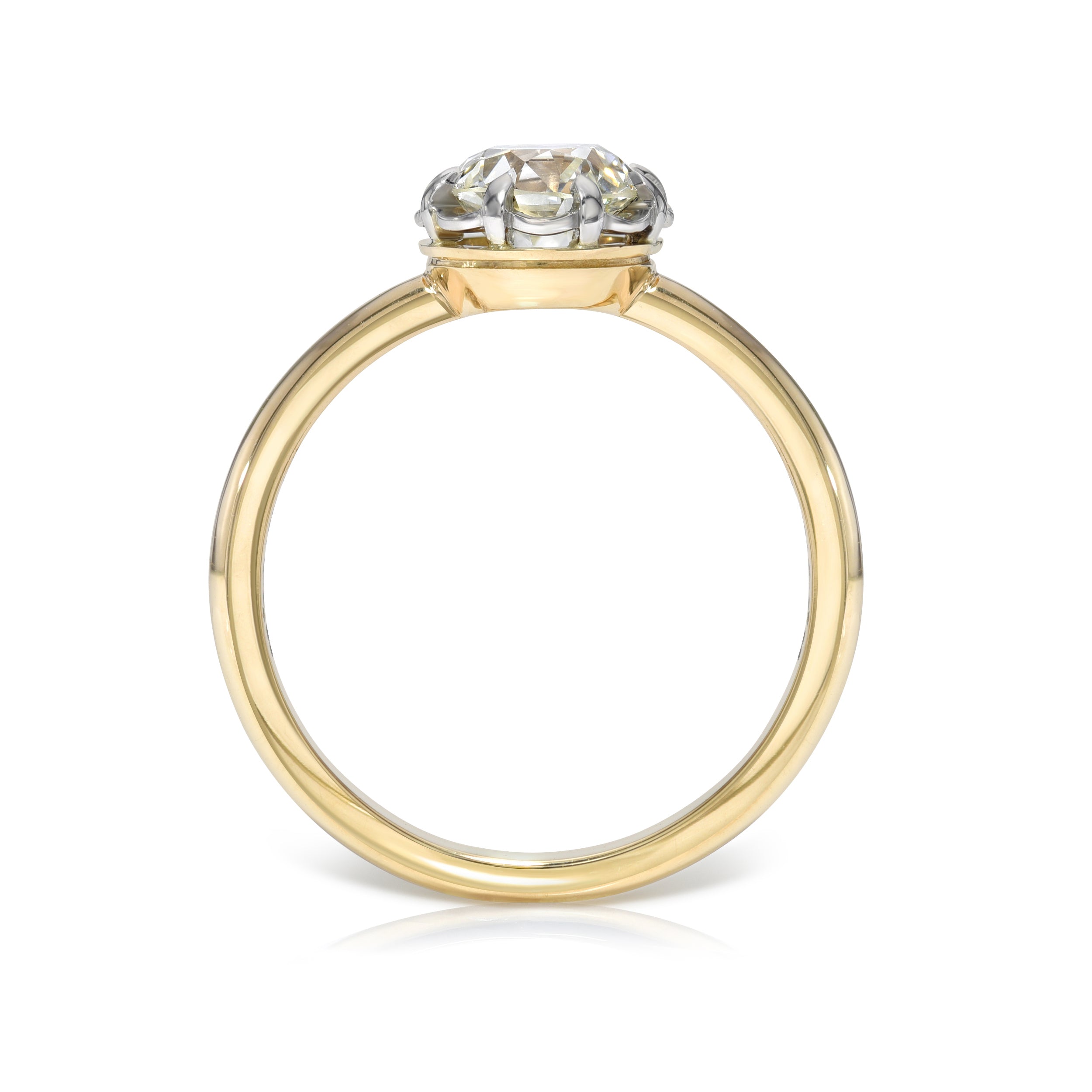 SINGLE STONE JOSILYN RING featuring 1.00ct L/SI2 GIA certified old European cut diamond set in a handcrafted platinum and 18K yellow gold mounting.
