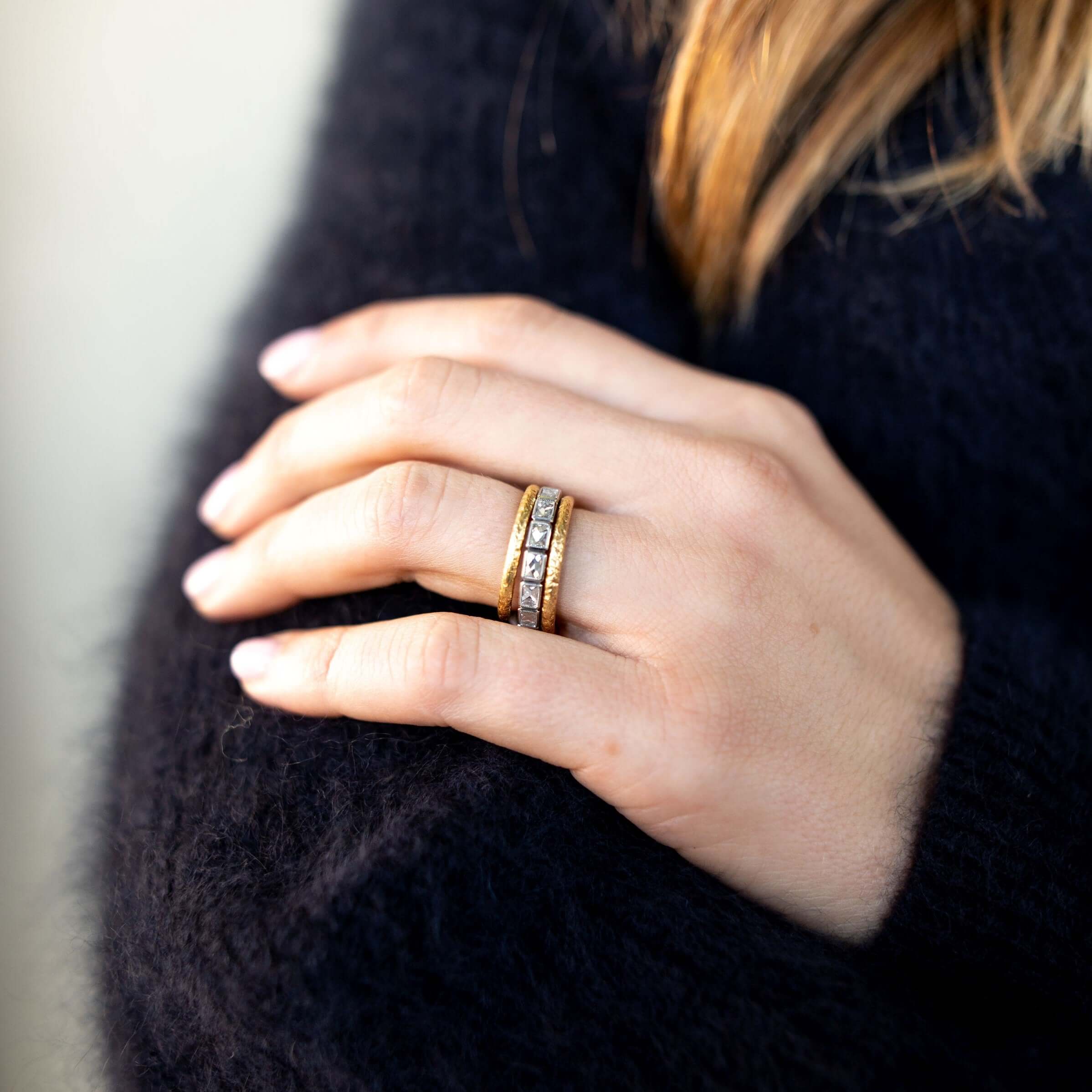 SINGLE STONE LARGE JULIA BAND | Approximately 1.30-1.60ctw G-H/VS French cut diamonds bezel set in a handcrafted eternity band. Approximate band width 3mm. Please inquire for additional customization.