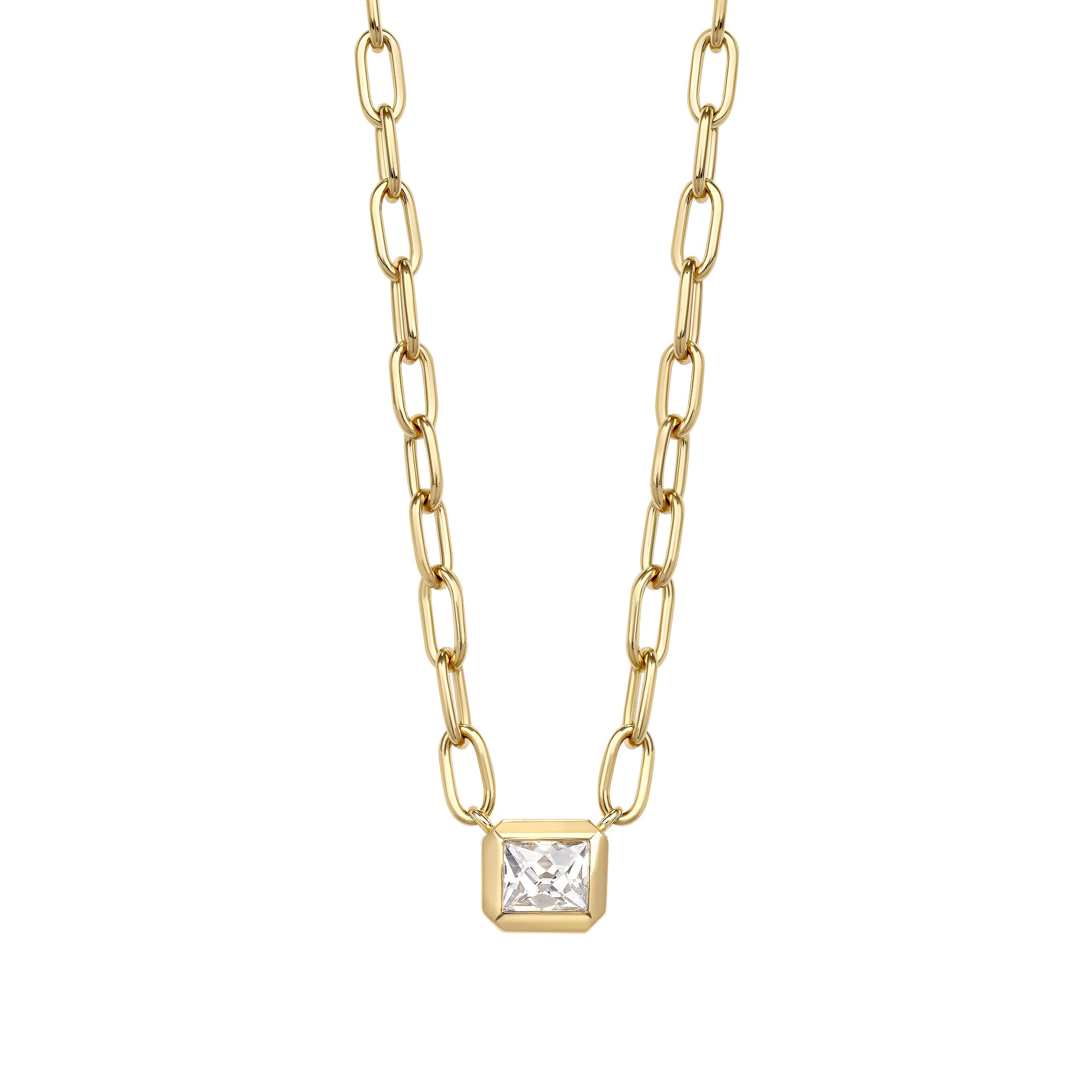 SINGLE STONE KARINA NECKLACE featuring 0.92ct F/VS2 GIA certified French cut diamond bezel set on a handcrafted 18K yellow gold pendant necklace. Necklace measures 17"