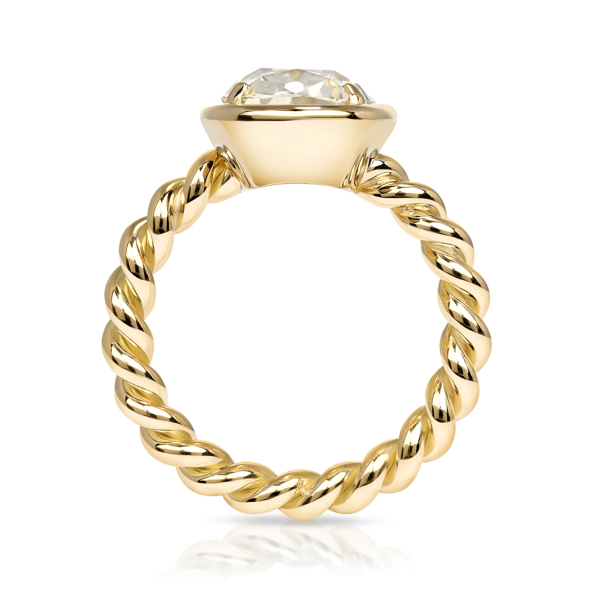 SINGLE STONE LARA RING featuring 5.09ct S-T/VS1 GIA certified antique Cushion cut diamond bezel set in a handcrafted 18K yellow gold mounting.
