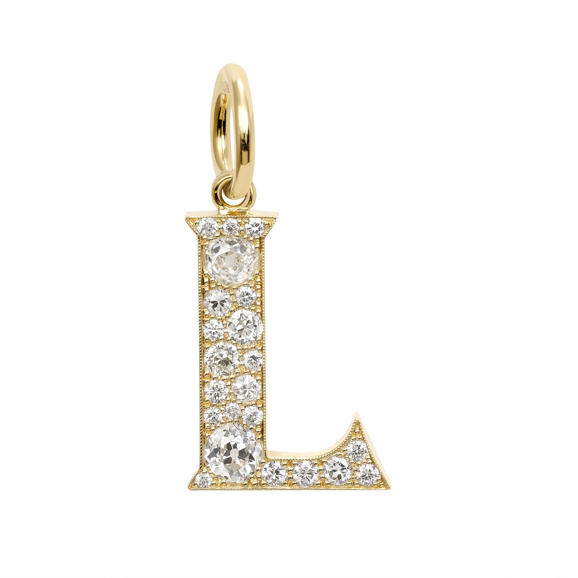 SINGLE STONE LARGE COBBLESTONE LETTERS PENDANT featuring Approximately 0.95ctw-2.75ctw varying old cut and round brilliant cut diamonds set in a handcrafted 18K yellow gold letter pendant. Letters are approximately 1" tall. Available in an oxidized or pol