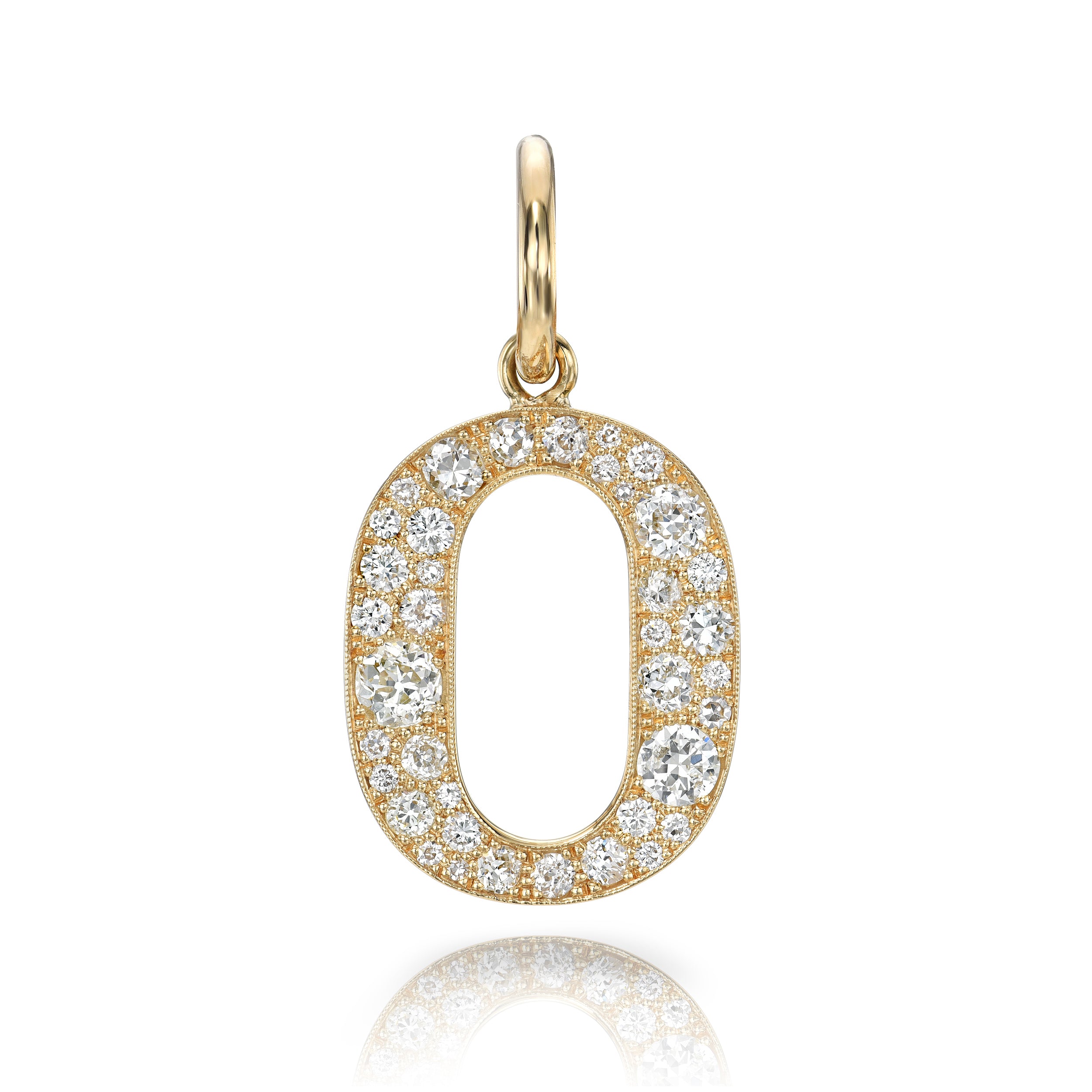 SINGLE STONE LARGE COBBLESTONE LETTERS PENDANT featuring Approximately 0.95ctw-2.75ctw varying old cut and round brilliant cut diamonds set in a handcrafted 18K yellow gold letter pendant. Letters are approximately 1" tall. Available in an oxidized or pol