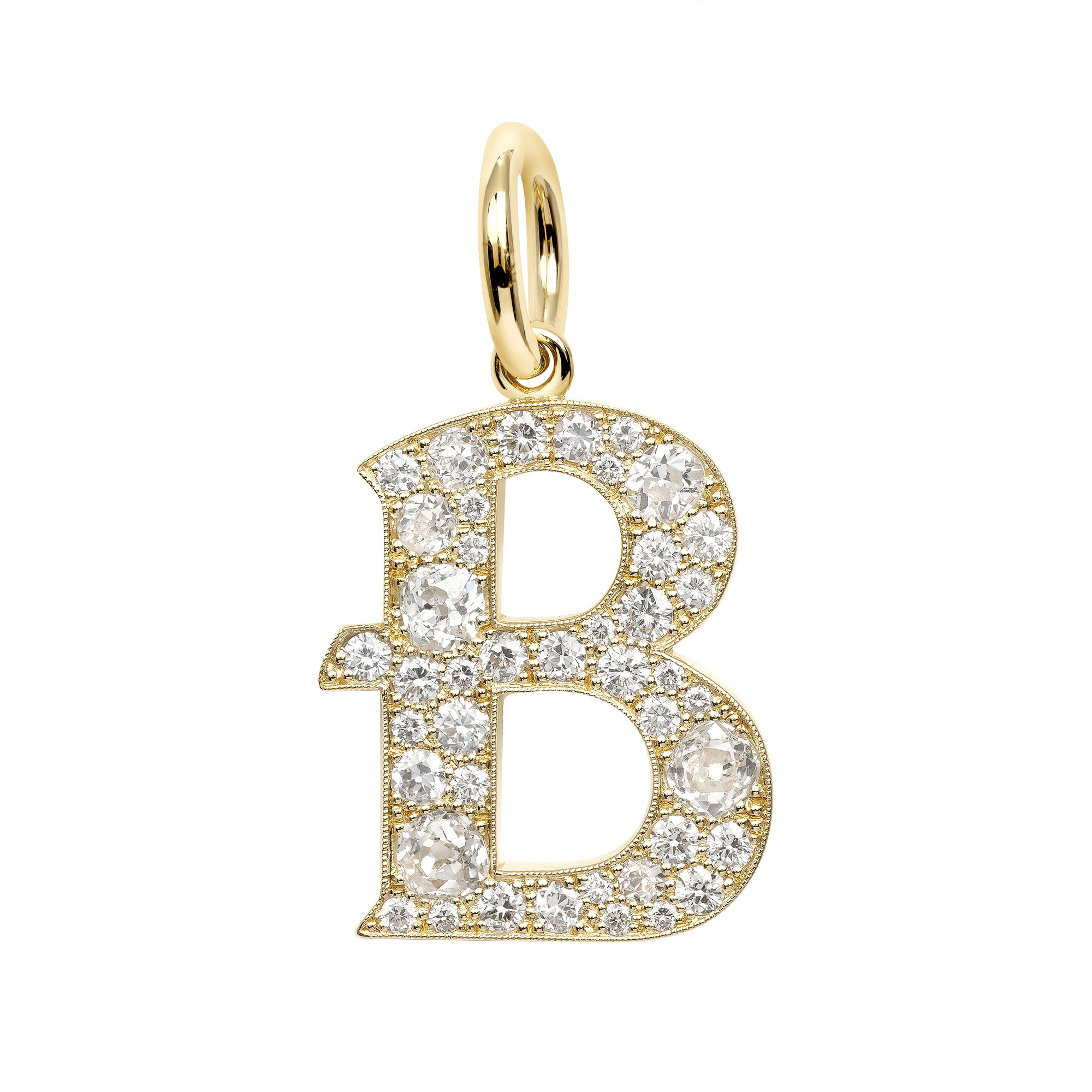 SINGLE STONE LARGE COBBLESTONE LETTERS PENDANT featuring Approximately 0.95ctw-2.75ctw varying old cut and round brilliant cut diamonds set in a handcrafted 18K yellow gold letter pendant. Letters are approximately 1" tall. Available in an oxidized or pol
