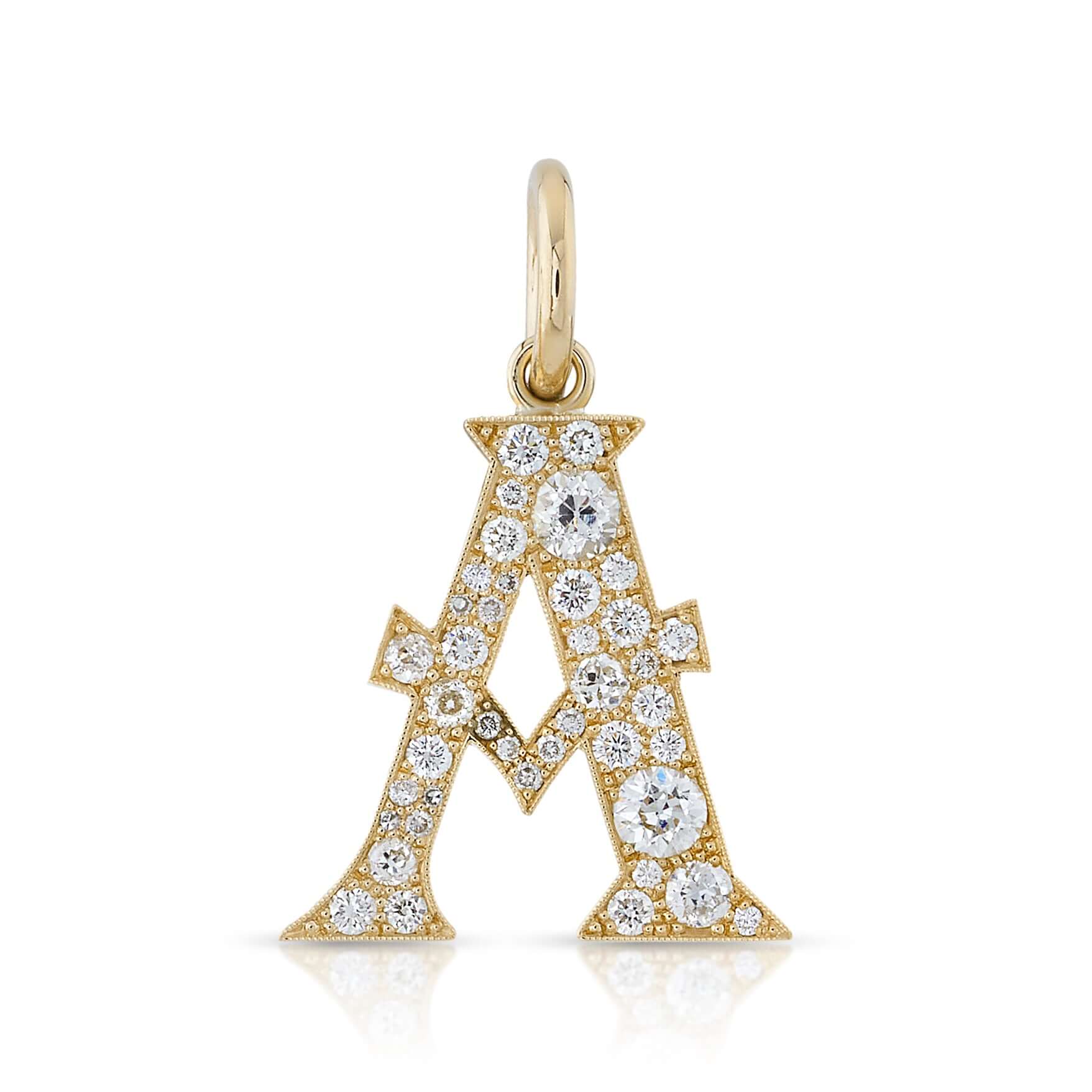 SINGLE STONE LARGE COBBLESTONE LETTERS PENDANT featuring Approximately 0.95ctw-2.75ctw varying old cut and round brilliant cut diamonds set in a handcrafted 18K yellow gold letter pendant. Letters are approximately 1" tall. Available in an oxidized or pol