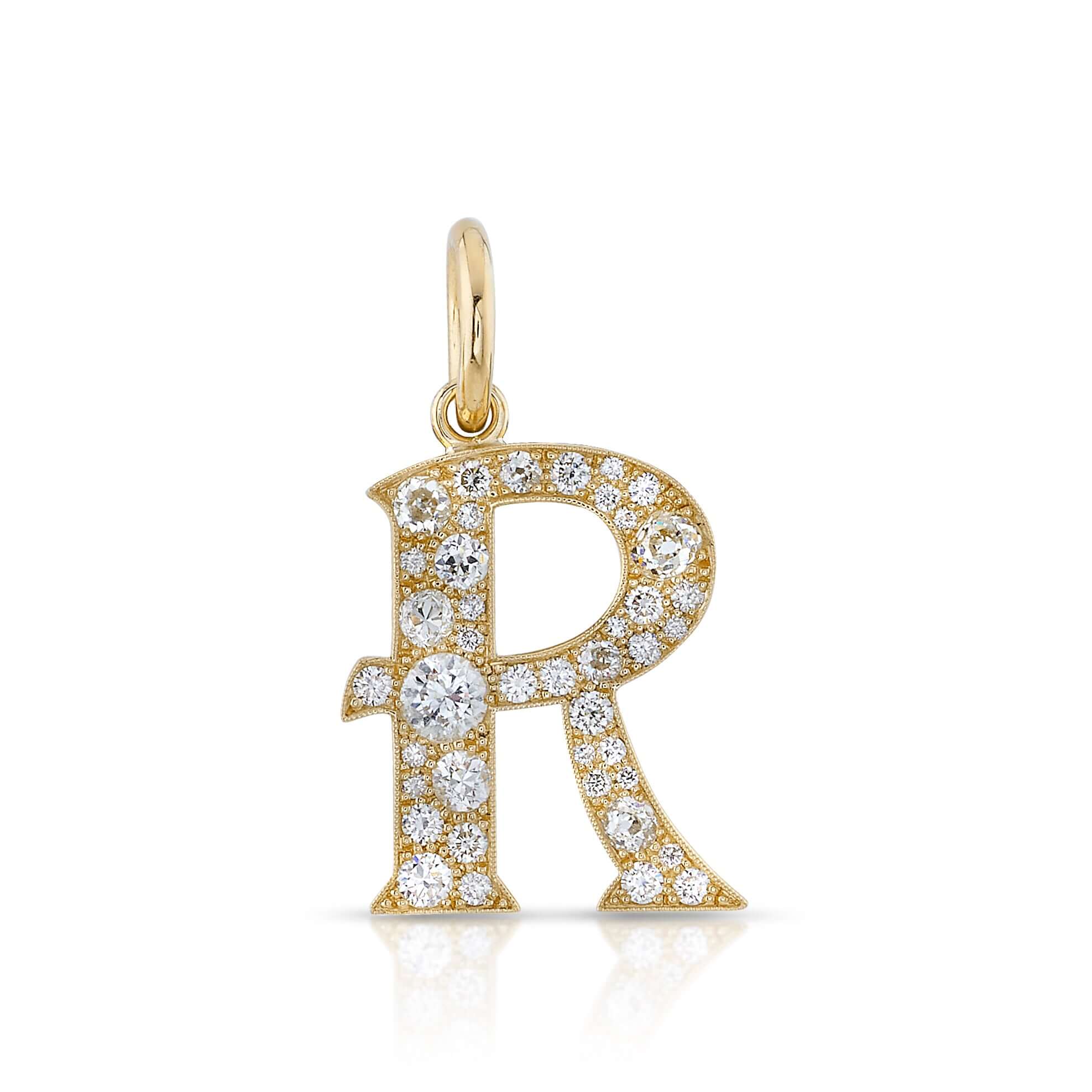 SINGLE STONE LARGE COBBLESTONE LETTERS PENDANT featuring Approximately 0.95ctw-2.75ctw varying old cut and round brilliant cut diamonds set in a handcrafted 18K yellow gold letter pendant. Letters are approximately 1" tall. Available in an oxidized or pol