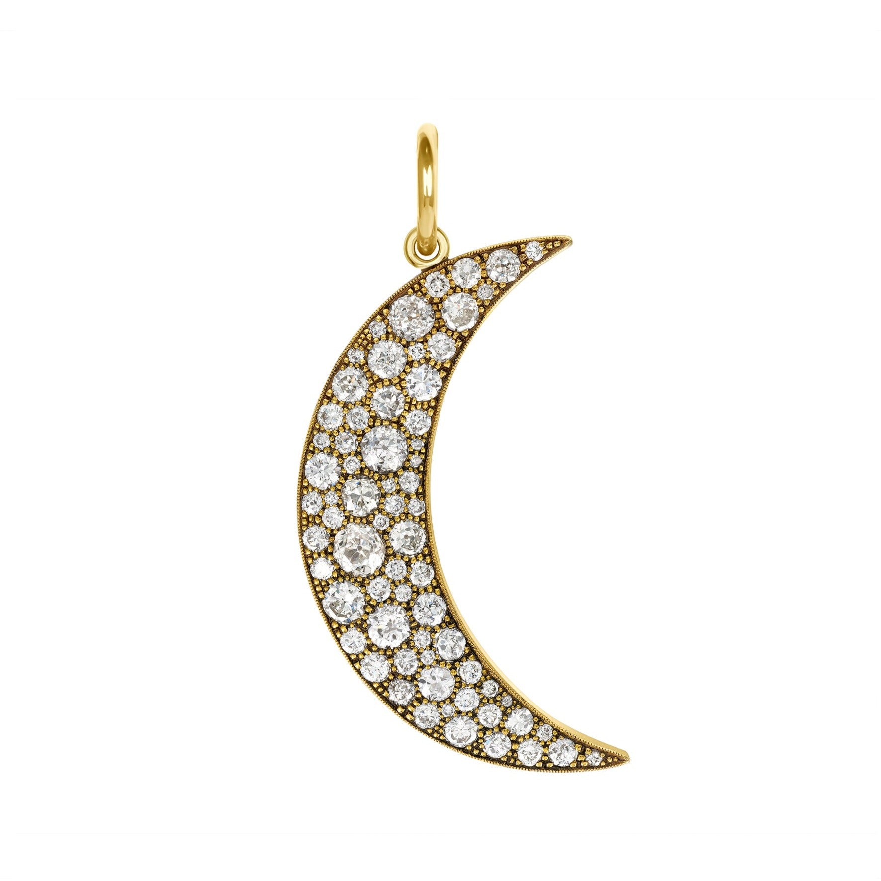 SINGLE STONE LARGE COBBLESTONE MOON PENDANT featuring Approximately 4.20ctw varying old cut and round brilliant cut diamonds set in a handcrafted 18K yellow gold crescent moon shaped pendant. Available in an oxidized or polished finish.