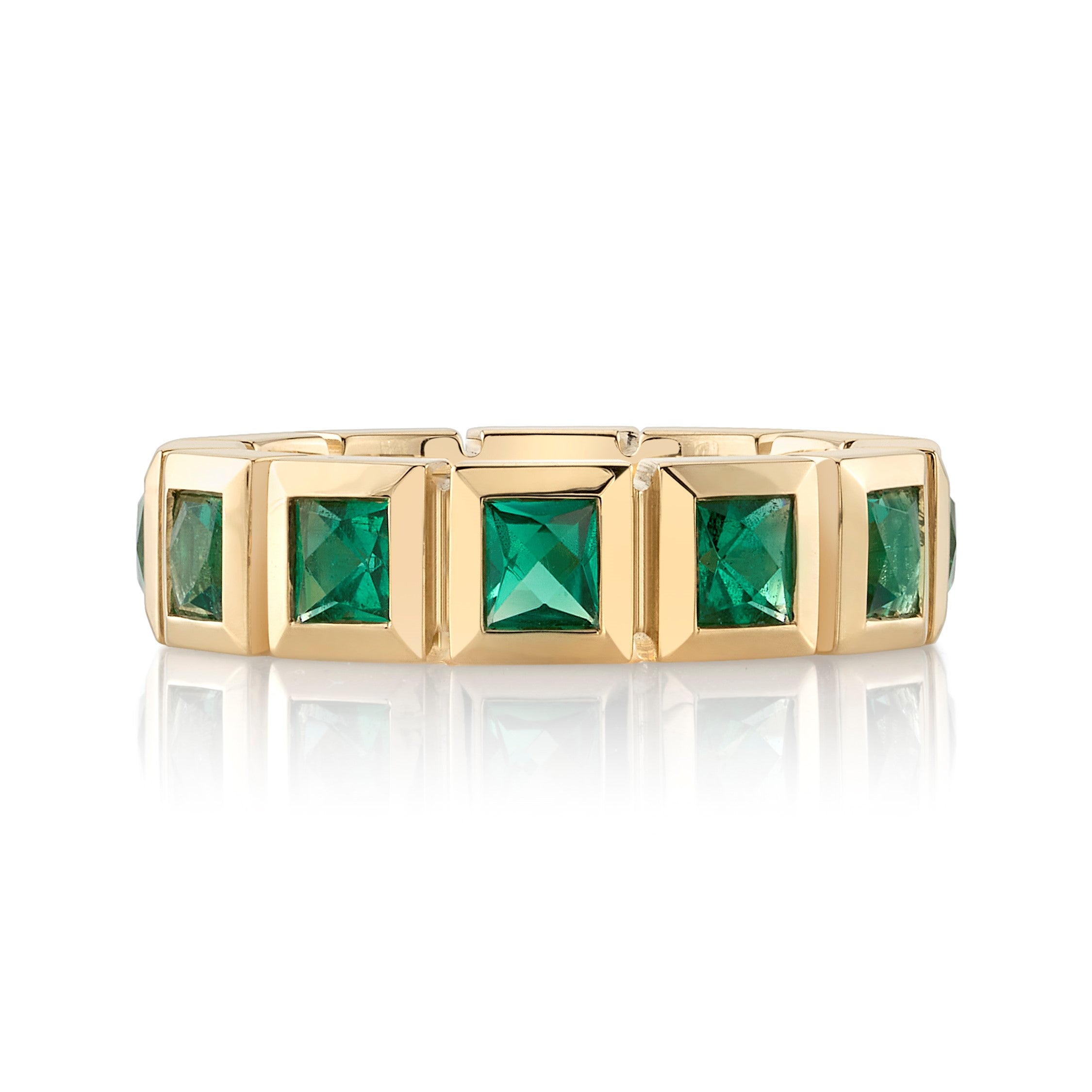 SINGLE STONE LARGE KARINA WITH GEMSTONES BAND | Approximately 2.75ctw-3.00ctw square French cut gemstones bezel set in a handcrafted 18K yellow gold eternity band. Available with rubies, sapphires or emeralds. Approximate band width 5.5mm. Please inquire
