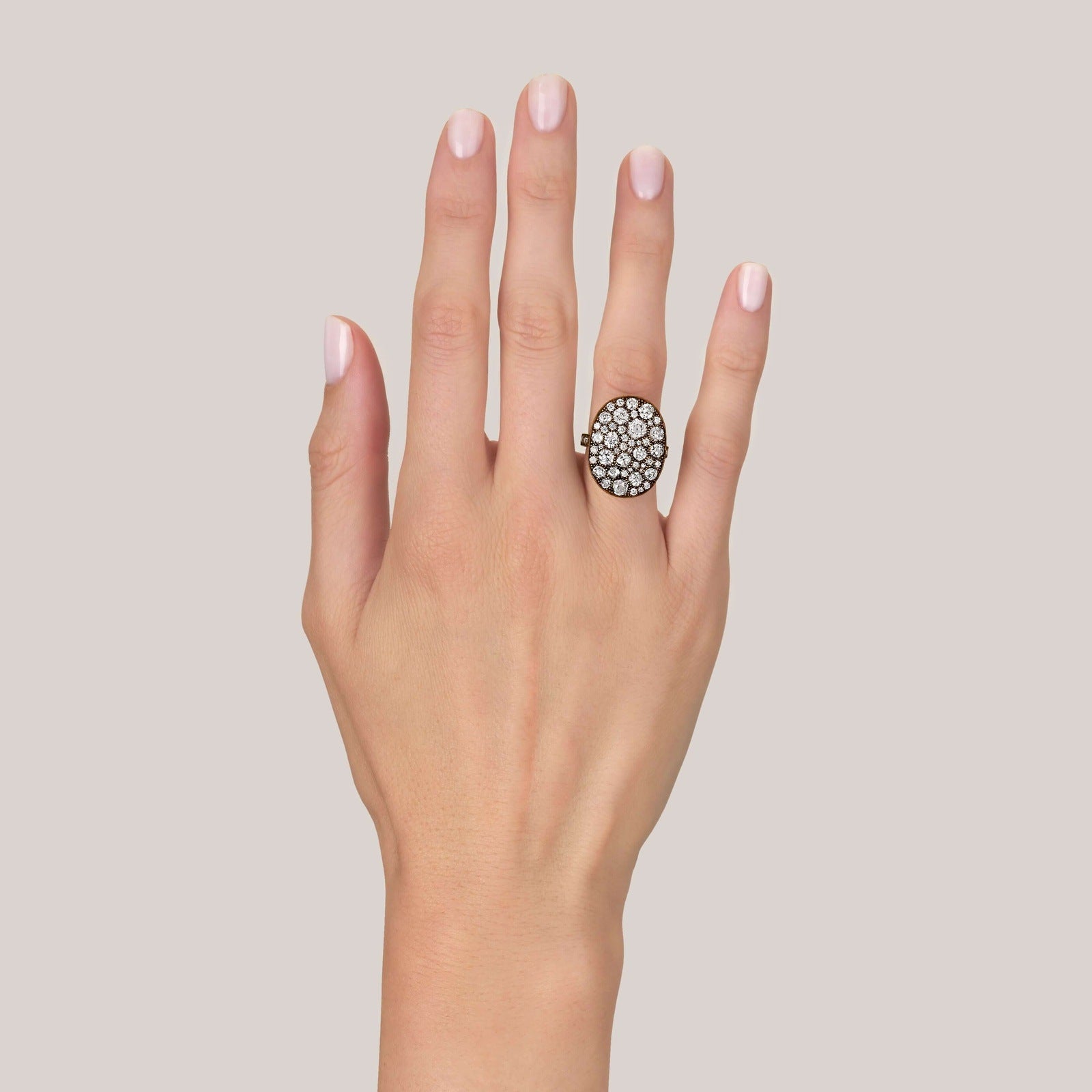 SINGLE STONE LARGE OVAL COBBLESTONE RING RING featuring Approximately 4.00ctw various old cut and round brilliant cut diamonds set in a handcrafted oxidized 18K yellow gold mounting. Price may vary according to total diamond weight. Measurements 22.5mm x