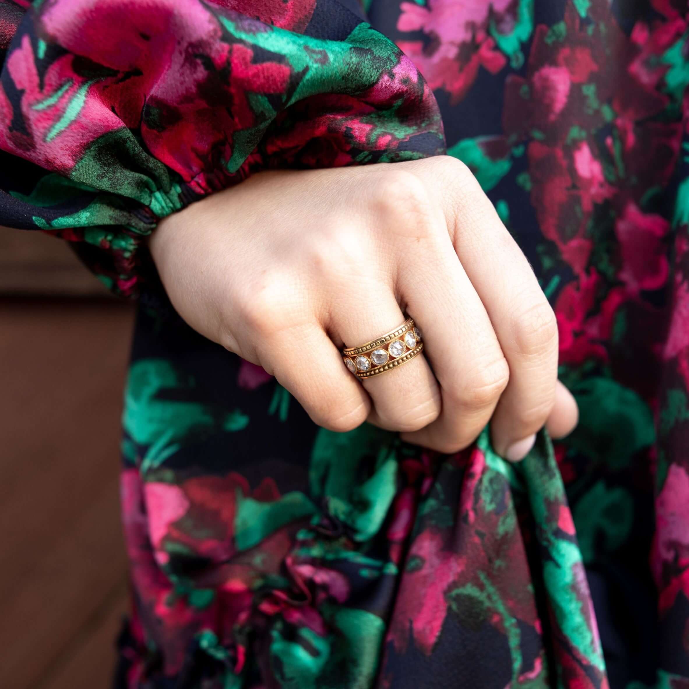 SINGLE STONE LARGE ROSE CUT GABBY BAND | Approximately 2.00ctw G-H/VS-SI Rose cut diamonds bezel set in a handcrafted eternity band. Approximate band width 4.8mm. Please inquire for additional customization.