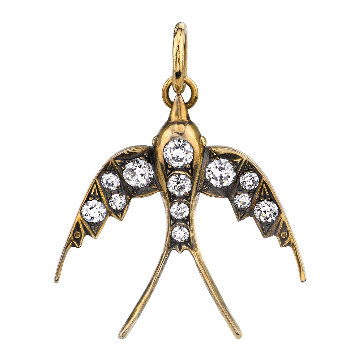 SINGLE STONE LARGE SWALLOW PENDANT PENDANT featuring Approximately 0.90ctw G-H/VS old European cut diamonds set in a handcrafted, polished 18K yellow gold swallow pendant. Available in an oxidized or polished finish. Price does not include chain or other
