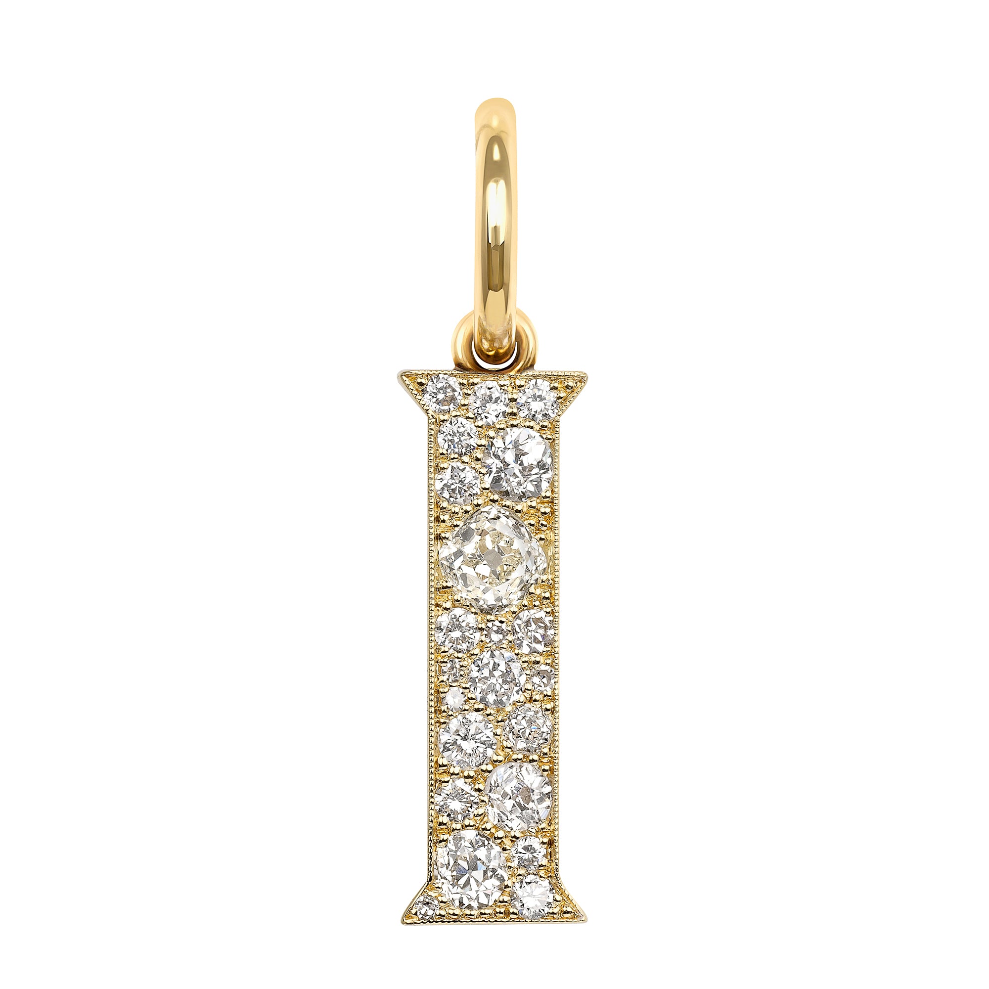 SINGLE STONE LARGE COBBLESTONE LETTERS PENDANT featuring Approximately 0.95ctw-2.75ctw varying old cut and round brilliant cut diamonds set in a handcrafted 18K yellow gold letter pendant. Letters are approximately 1" tall. Available in an oxidized or pol