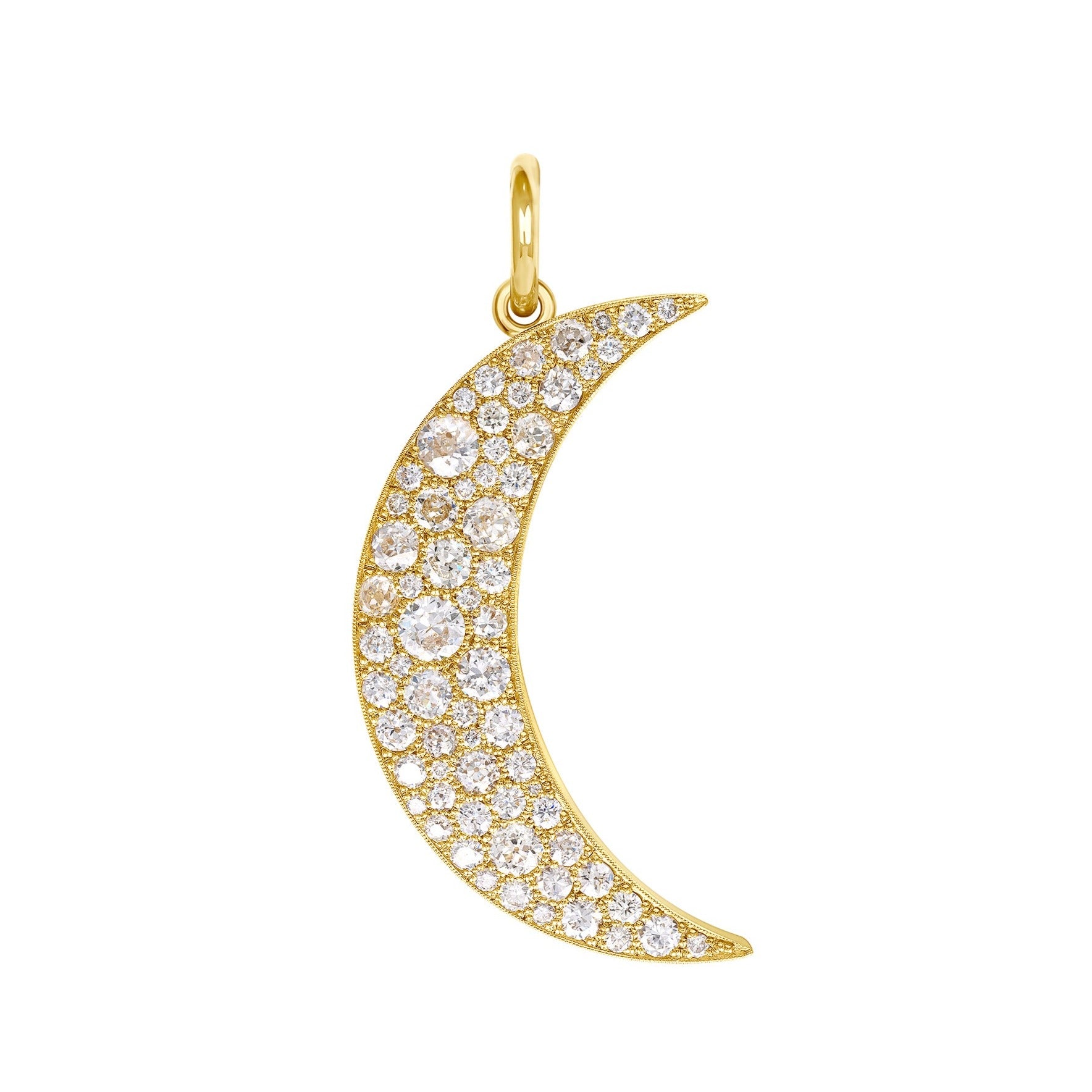 SINGLE STONE LARGE COBBLESTONE MOON PENDANT featuring Approximately 4.20ctw varying old cut and round brilliant cut diamonds set in a handcrafted 18K yellow gold crescent moon shaped pendant. Available in an oxidized or polished finish.