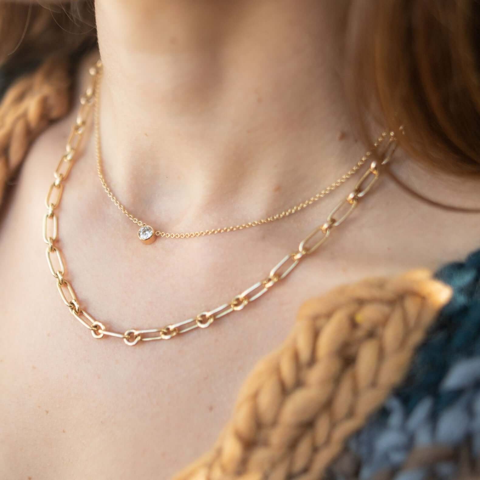 SINGLE STONE LINCOLN NECKLACE featuring 0.53ctw N/VS2 GIA certified old European cut diamond bezel set on a handcrafted 18K yellow gold necklace. Necklace measures 17".