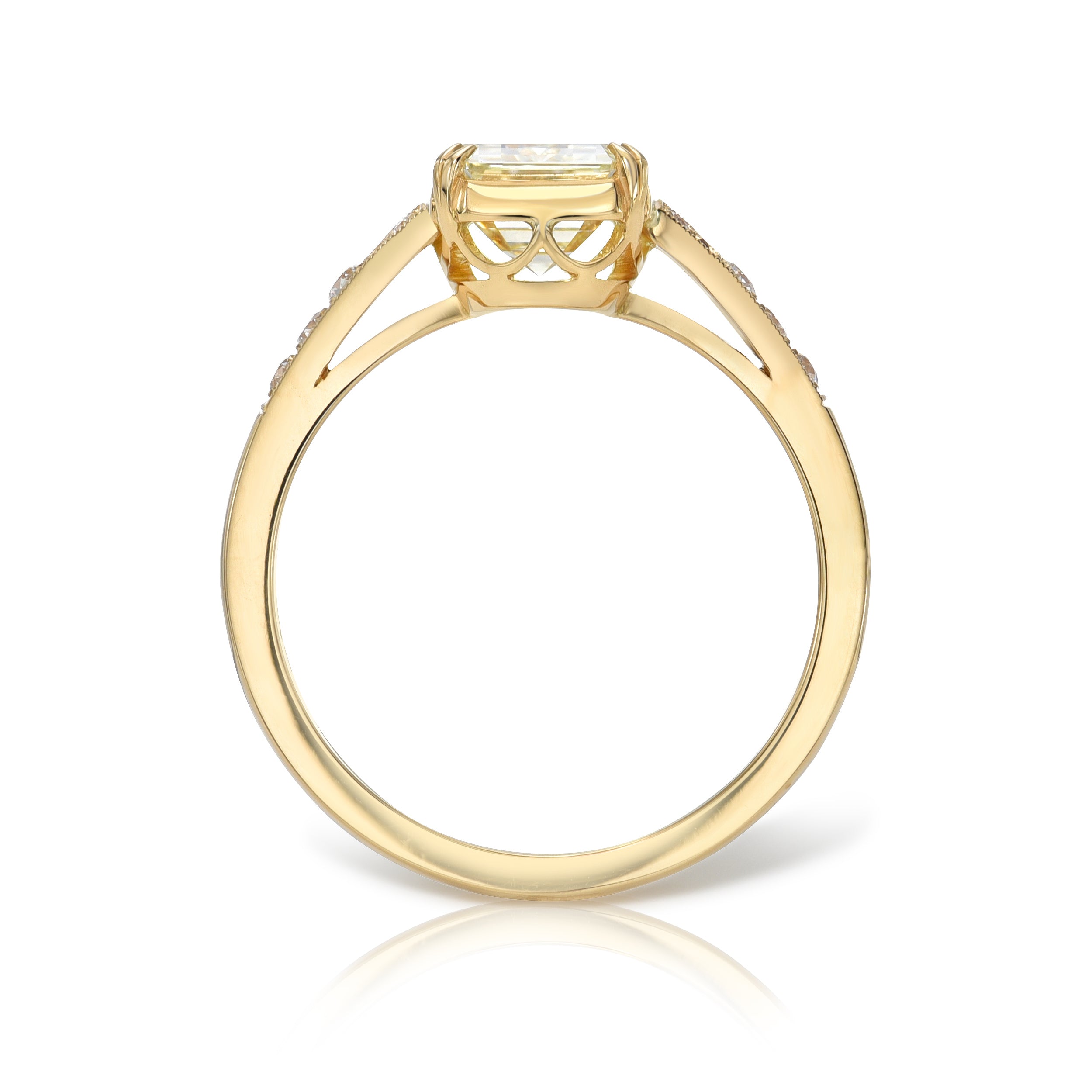 SINGLE STONE LORRAINE RING featuring 2.00ct M/VS2 GIA certified emerald cut diamond with 0.10ctw old European cut accent diamonds set in a handcrafted 18K yellow gold mounting.