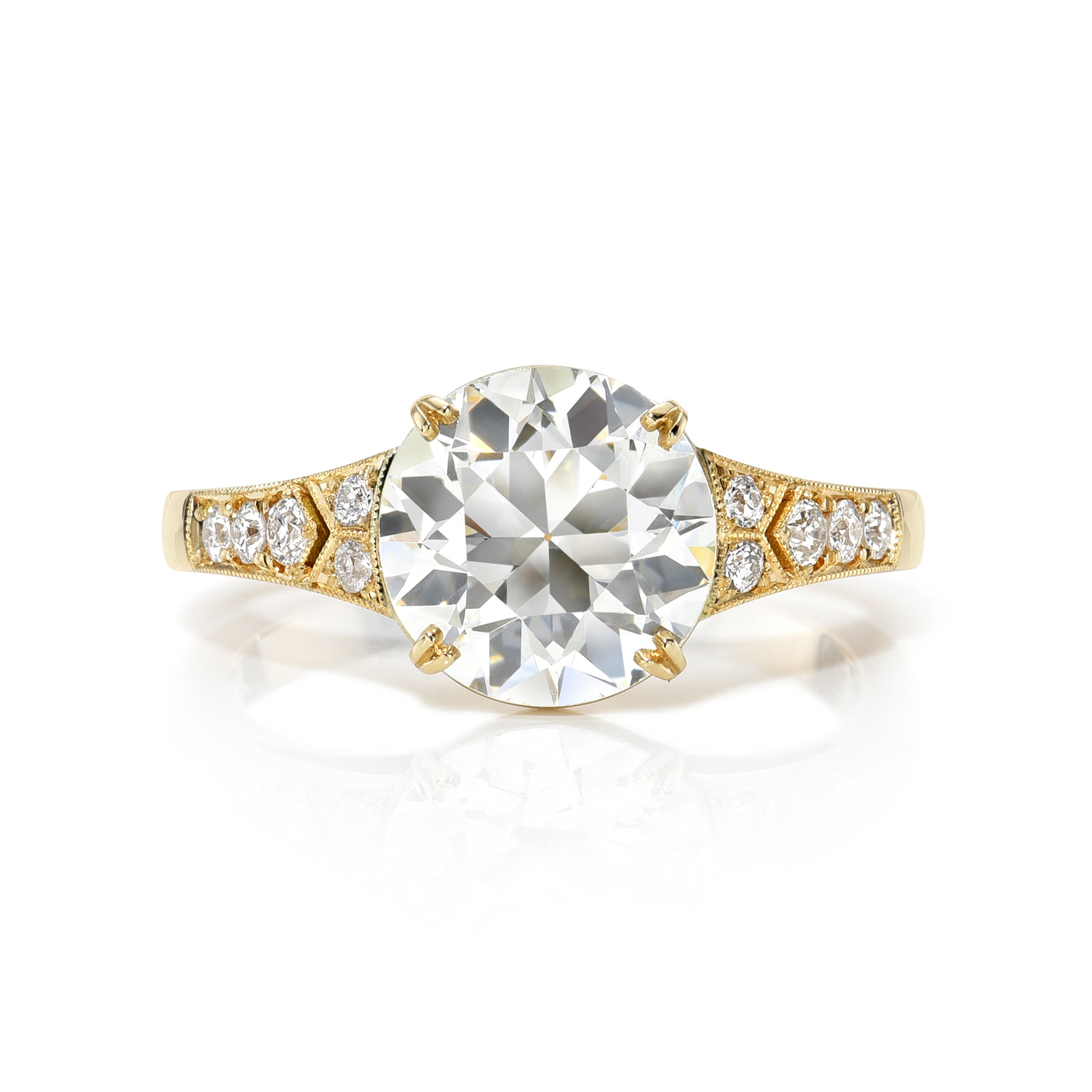 SINGLE STONE LORRAINE RING featuring 2.37ct K/VVS2 GIA certified old European cut diamond with 0.09ctw old European cut accent diamonds prong set in a handcrafted 18K yellow gold mounting.