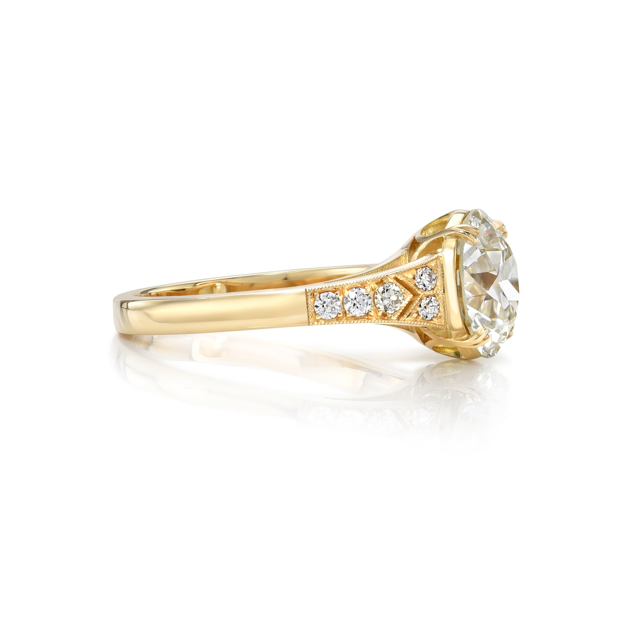 SINGLE STONE LORRAINE RING featuring 2.37ct K/VVS2 GIA certified old European cut diamond with 0.09ctw old European cut accent diamonds prong set in a handcrafted 18K yellow gold mounting.