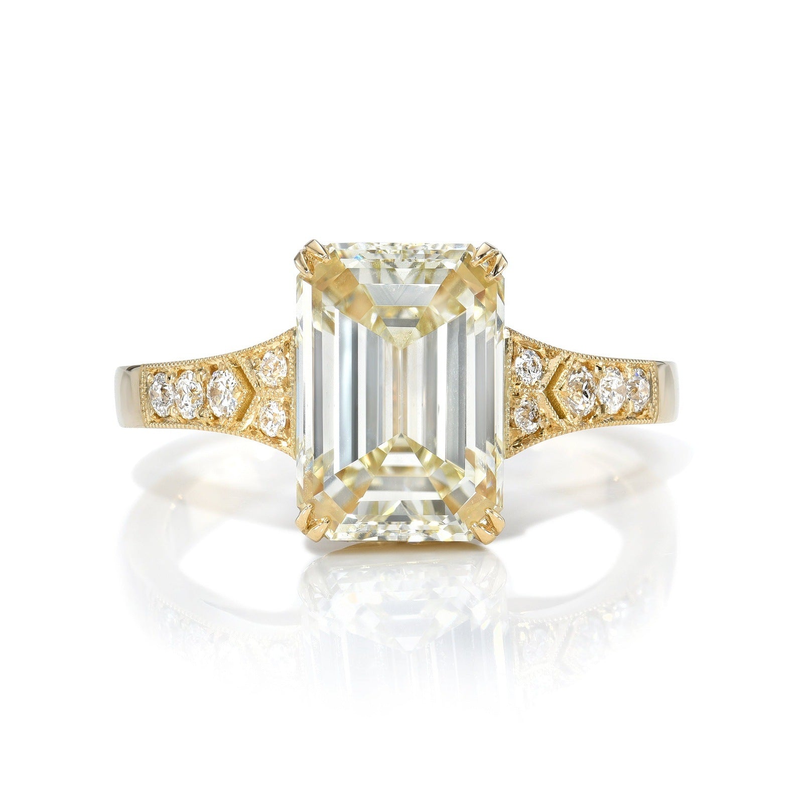 SINGLE STONE LORRAINE RING featuring 3.01ct O-P/VS2 GIA certified emerald cut diamond with 0.07ctw old European cut accent diamonds set in a handcrafted 18K yellow gold mounting.
