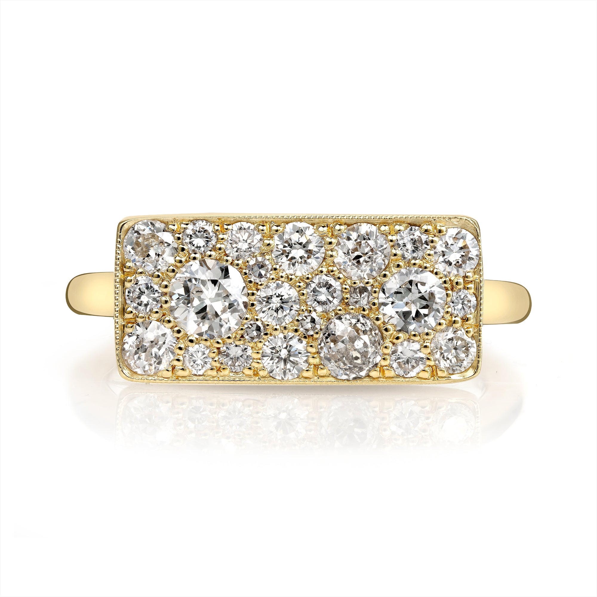 SINGLE STONE MILO COBBLESTONE RING RING featuring 0.95ctw various old cut and round brilliant cut diamonds set in a handcrafted 18K yellow gold mounting. Price may vary according to total diamond weight. *Cobblestone pattern may vary from piece to piece