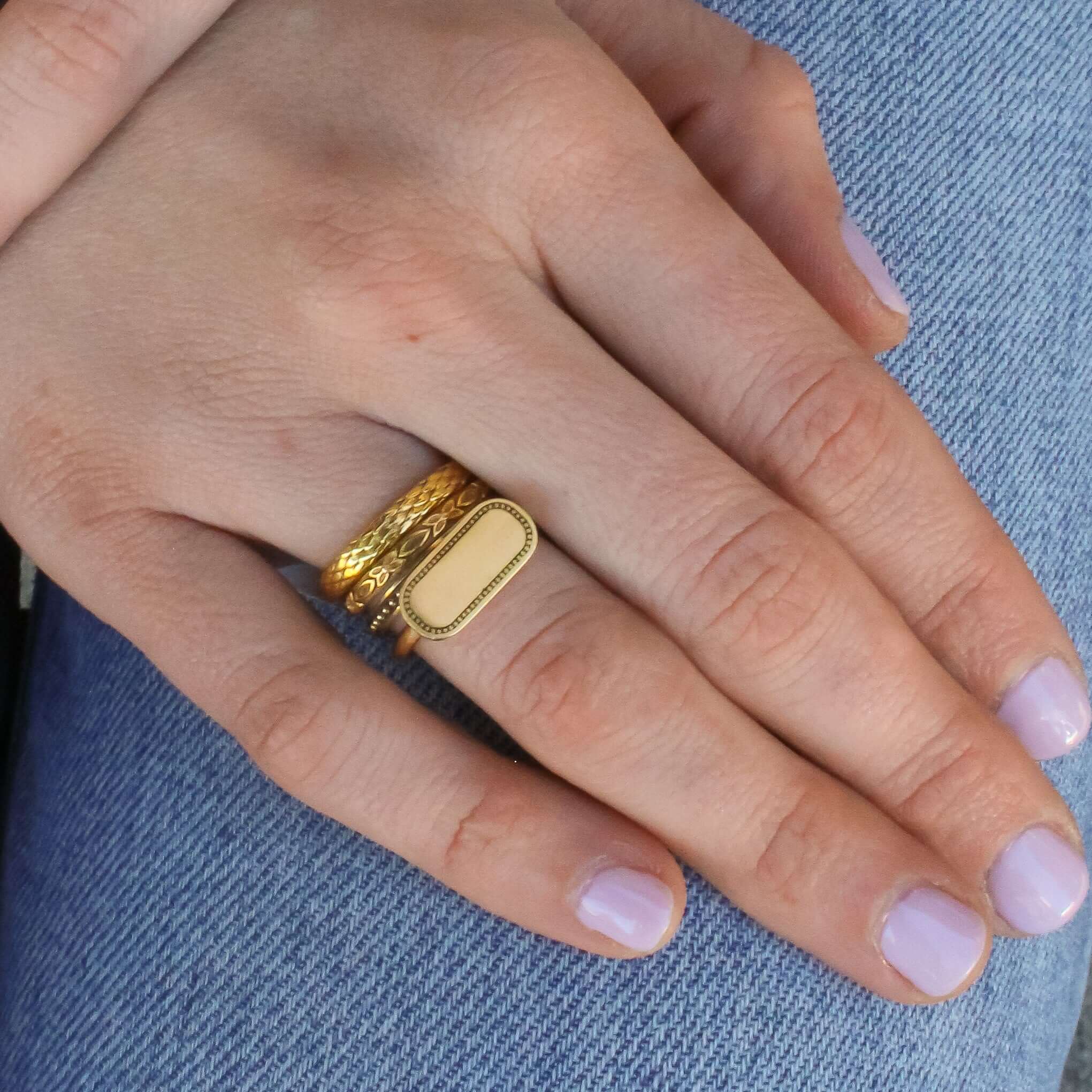 SINGLE STONE MILO RING featuring Vintage inspired 18K gold bar ring. A modern take on the classic signet ring. Make it personal! Price includes monogrammed engraving of up to three letters in any of the styles shown above - please be sure to specify befor