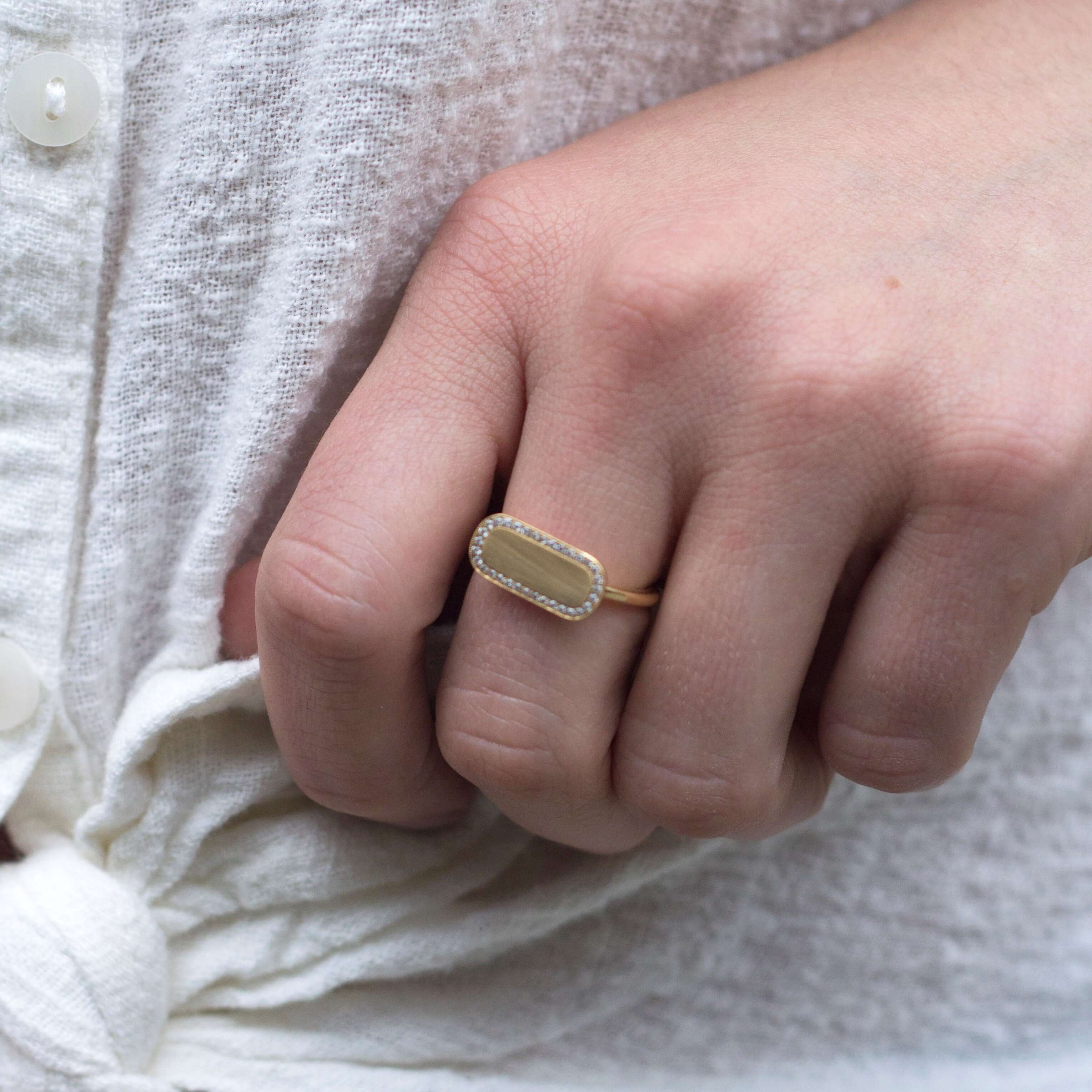 SINGLE STONE MILO RING featuring Vintage inspired 18K gold bar ring. A modern take on the classic signet ring. Make it personal! Price includes monogrammed engraving of up to three letters in any of the styles shown above - please be sure to specify befor