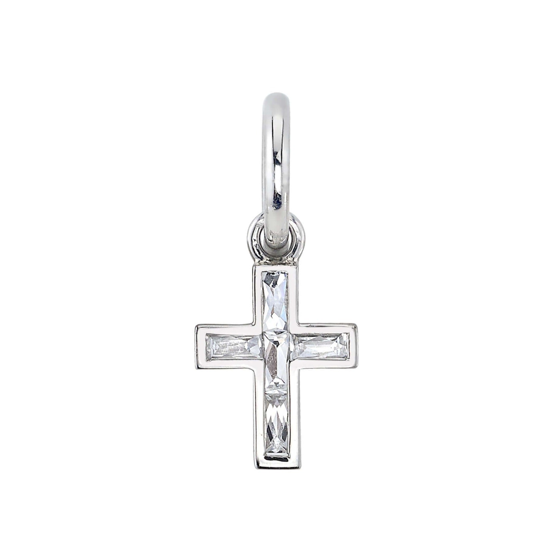 SINGLE STONE MINI FRENCH CUT CARMELA CROSS PENDANT featuring Approximately 0.30ctw G-H/VS French cut diamonds set in a handcrafted cross. Cross measures 8.20mm x 9.80mm. Price does not include chain.