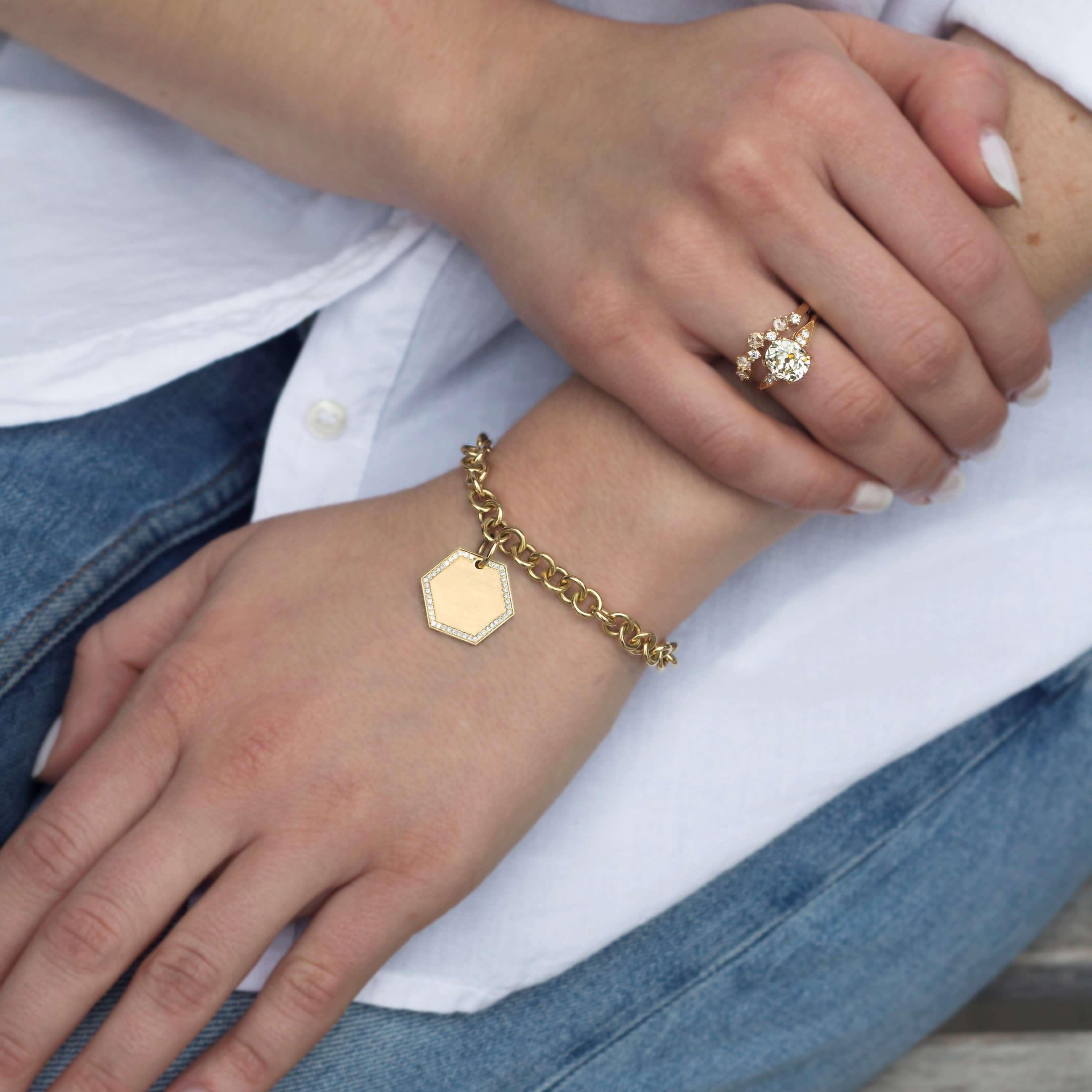 SINGLE STONE MINI CLUB BRACELET featuring Handcrafted 18K yellow gold small link bracelet. Charms sold separately. Bracelet measures 7.5". Please inquire for additional customization.