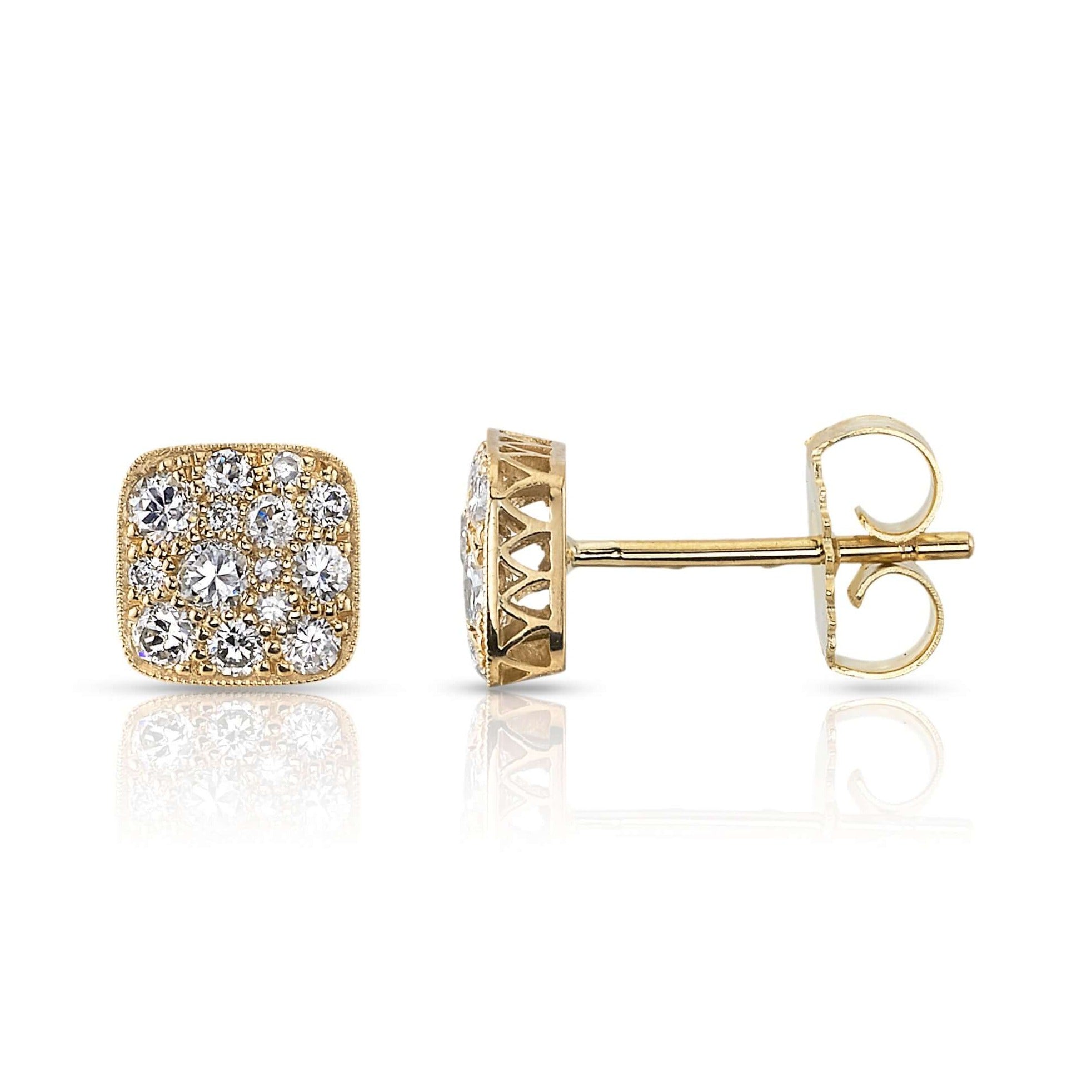 SINGLE STONE MINI SQUARE COBBLESTONE STUDS | Earrings featuring Approximately 0.60ctw varying old cut and round brilliant cut diamonds set in handcrafted 18K yellow gold stud earrings. Available in a polished or oxidized finish. Prices vary according to d