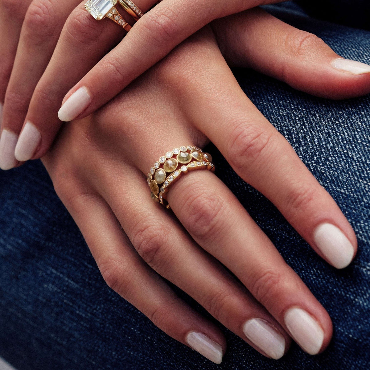 SINGLE STONE MINI GABBY BAND | Approximately 0.70ctw old European cut diamonds set in a handcrafted bezel set eternity band. Approximate band width 2.4mm. Please inquire for additional customization,