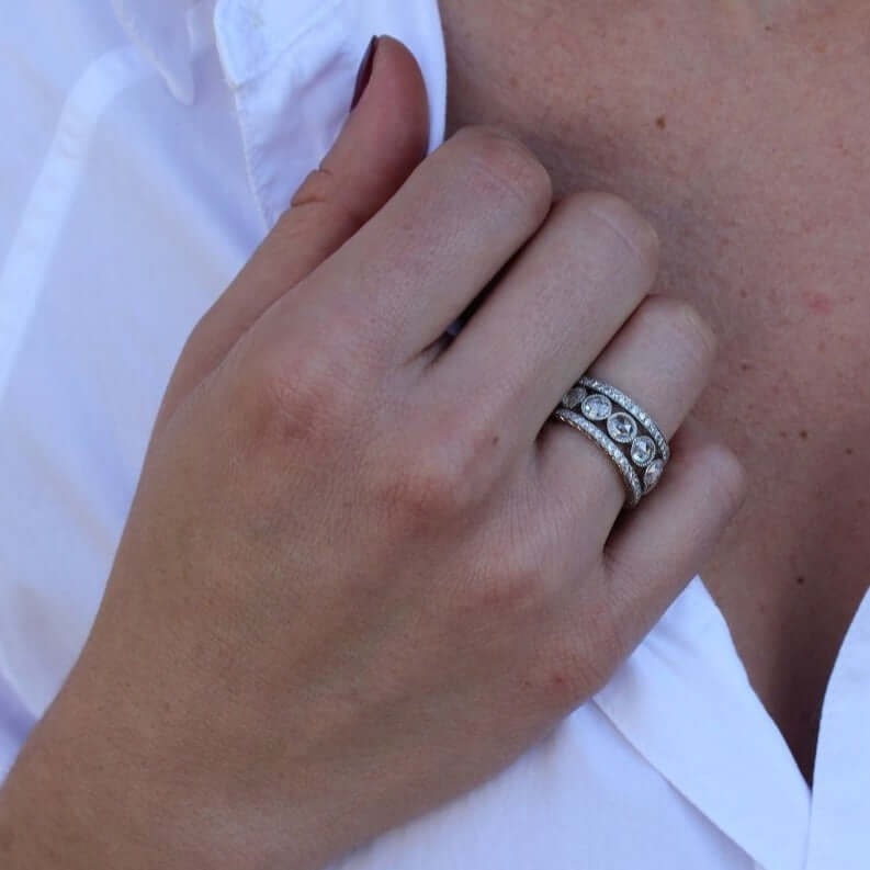 SINGLE STONE LARGE ROSE CUT GABBY BAND | Approximately 2.00ctw G-H/VS-SI Rose cut diamonds bezel set in a handcrafted eternity band. Approximate band width 4.8mm. Please inquire for additional customization.