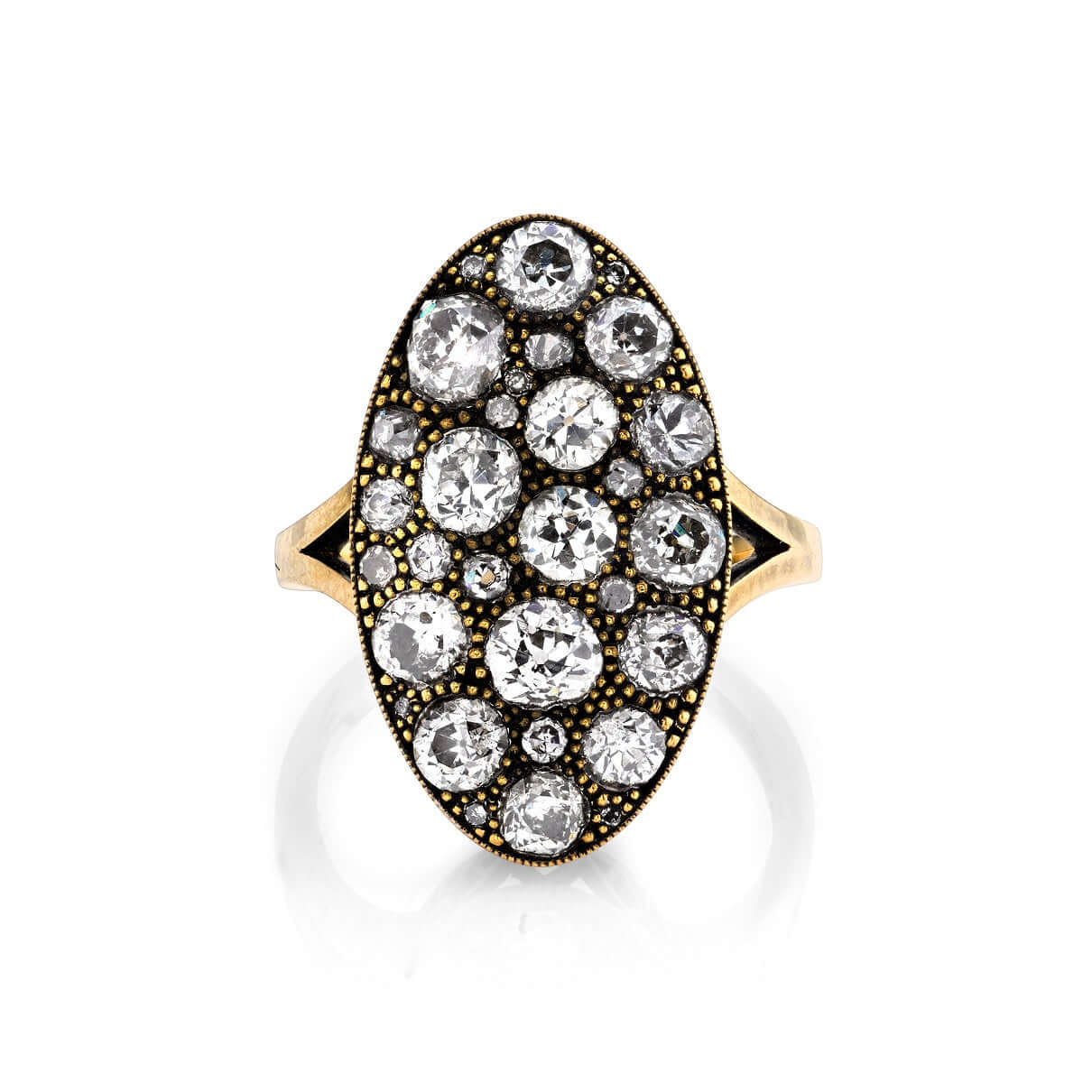 SINGLE STONE MOVAL COBBLESTONE RING featuring 2.96ctw old European, antique Old Mine, Round Brilliant, Single and antique Cushion cut diamonds set in a handcrafted oxidized 18K yellow gold mounting.
