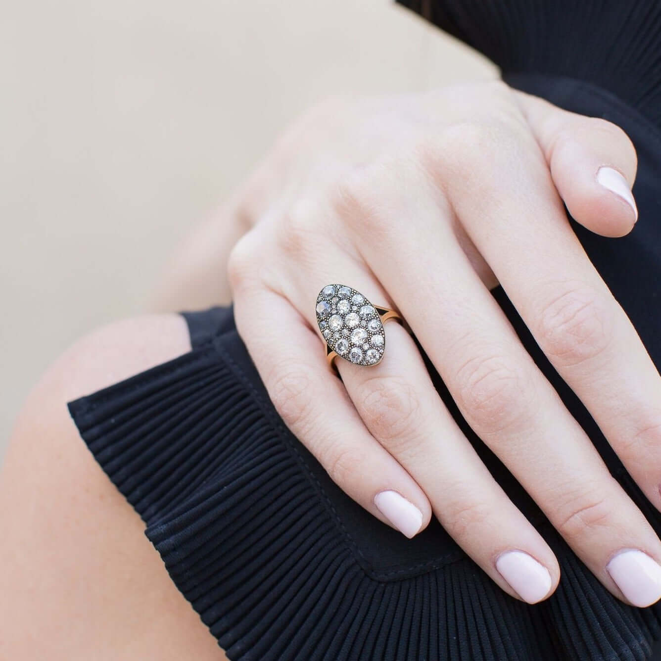 SINGLE STONE MOVAL COBBLESTONE RING featuring 2.96ctw old European, antique Old Mine, Round Brilliant, Single and antique Cushion cut diamonds set in a handcrafted oxidized 18K yellow gold mounting.