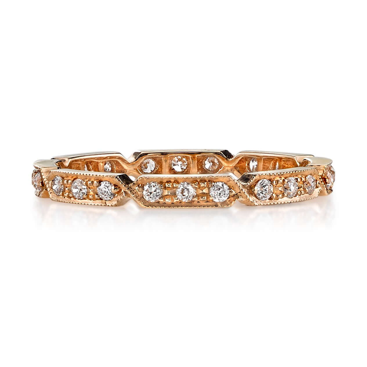 SINGLE STONE CARLY BAND | Approximately 0.30ctw G-H/VS old European cut diamonds prong set in a handcrafted geometric sectional eternity band. Approximate band width 2.1mm. Please inquire for additional customization.