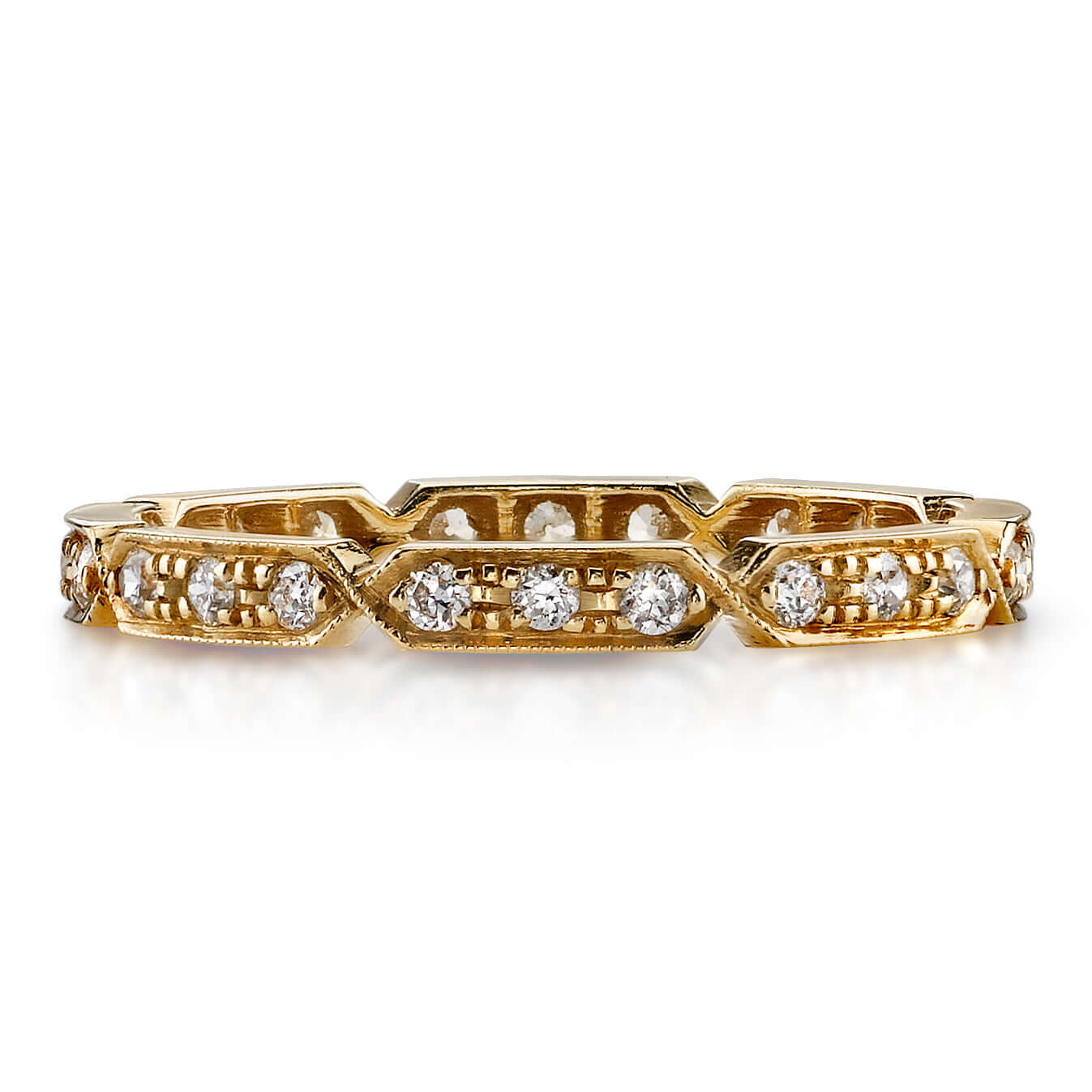 SINGLE STONE CARLY BAND | Approximately 0.30ctw G-H/VS old European cut diamonds prong set in a handcrafted geometric sectional eternity band. Approximate band width 2.1mm. Please inquire for additional customization.