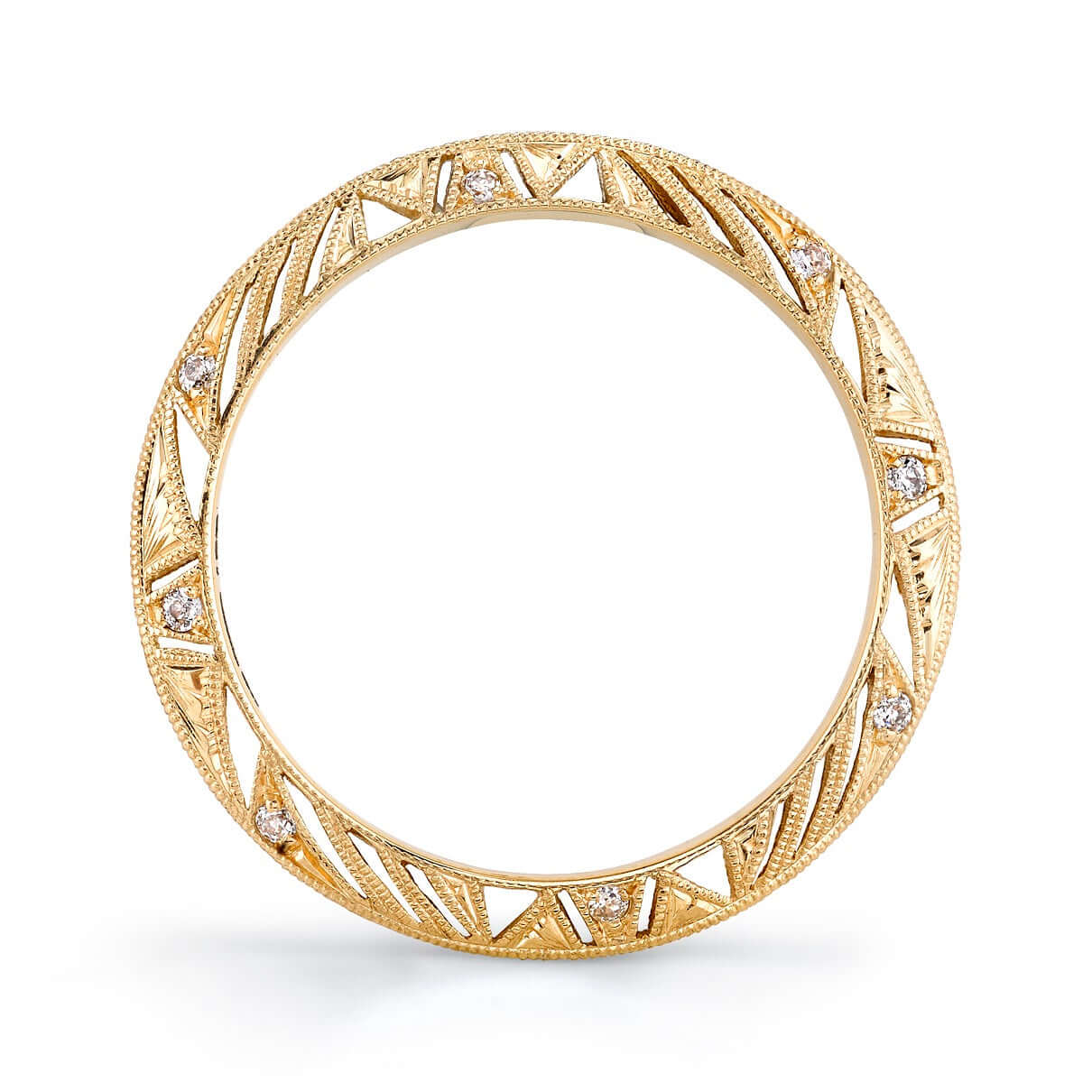 SINGLE STONE PHOENIX BAND | Approximately 0.10ctw G-H/VS old European cut diamonds set in a handcrafted 18K yellow gold eternity band. Available in an oxidized or polished finish. Approximate band with 2.4mm. Please inquire for additional customization.