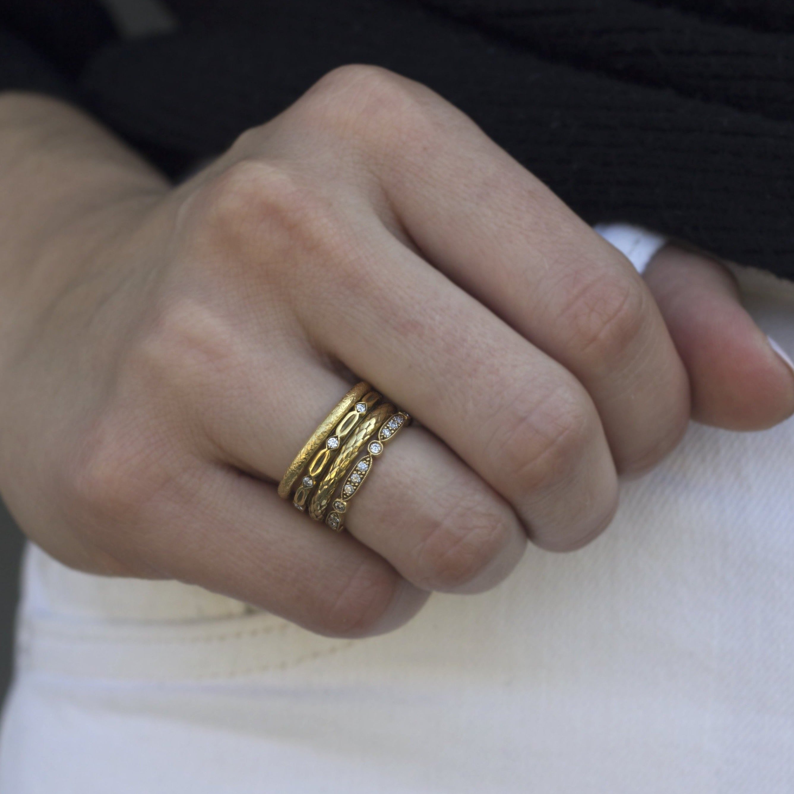 SINGLE STONE SMALL EDEN BAND | 2.5mm handcrafted 18K oxidized yellow gold ladies' snake scale pattern band. Please inquire for additional customization.