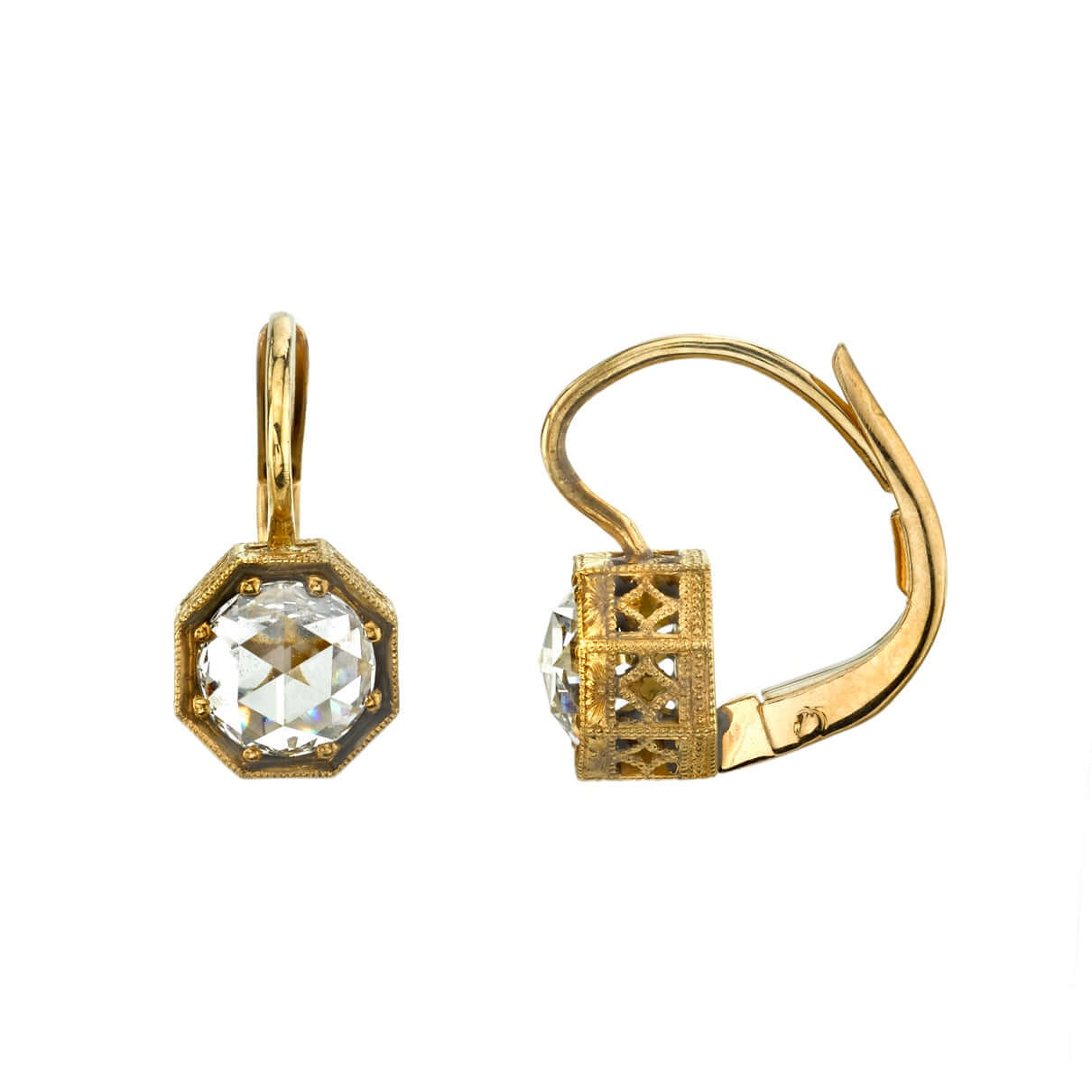 SINGLE STONE HEATHER DROPS | Earrings featuring 0.80ctw H/VS rose cut diamonds set in handcrafted oxidized 18K yellow gold leverback earrings.