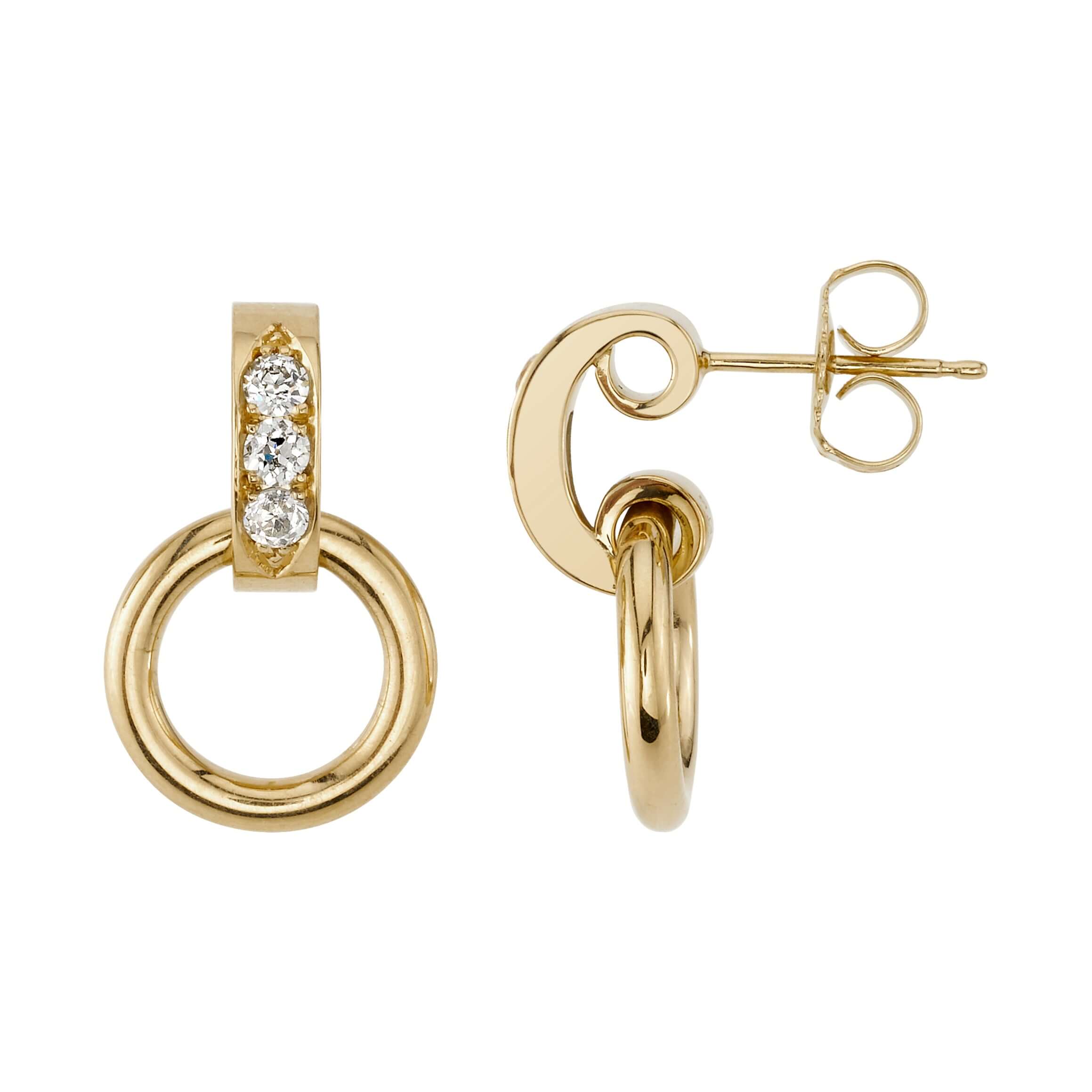 SINGLE STONE ASTRID HOOP | Earrings featuring Approximately 0.35ctw G-H/VS old European cut diamonds prong set in 18K yellow gold hoop earrings.