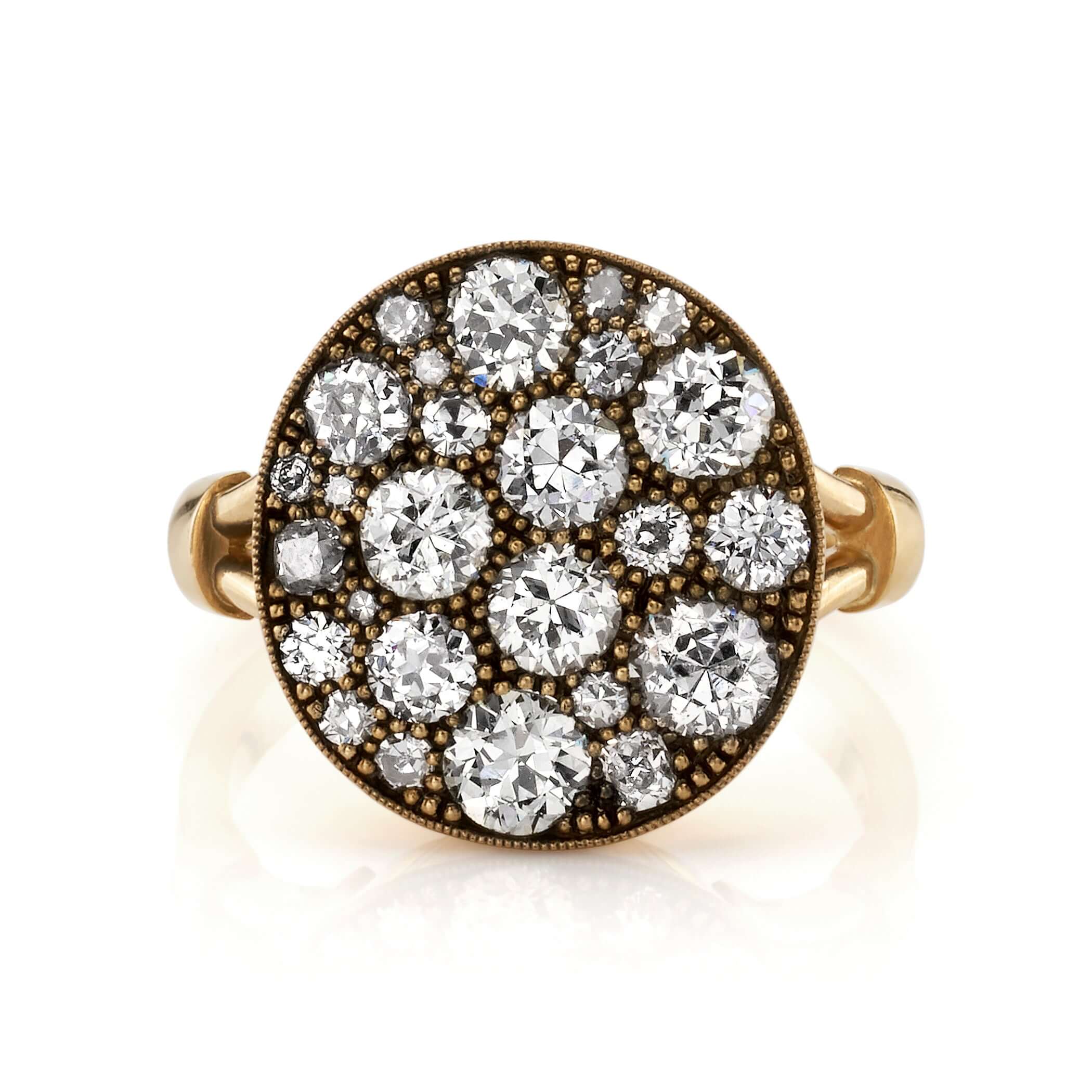 SINGLE STONE COBBLESTONE CRUX RING featuring 2.42ctw varying old cut and round brilliant cut diamonds set in a handcrafted, oxidized 18K yellow gold mounting. Price may vary according to total diamond weight. *Cobblestone pattern may vary from piece to pi