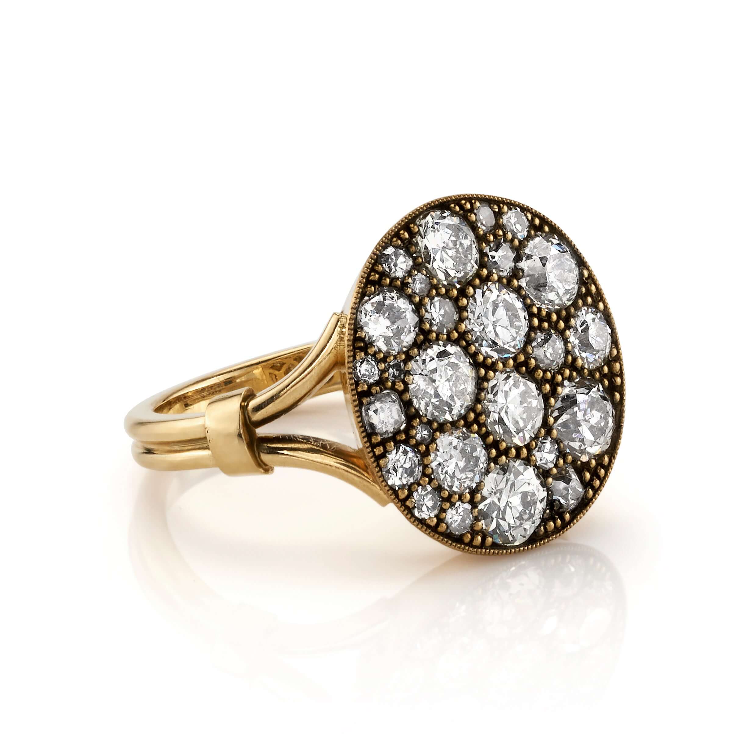 SINGLE STONE COBBLESTONE CRUX RING featuring 2.42ctw varying old cut and round brilliant cut diamonds set in a handcrafted, oxidized 18K yellow gold mounting. Price may vary according to total diamond weight. *Cobblestone pattern may vary from piece to pi