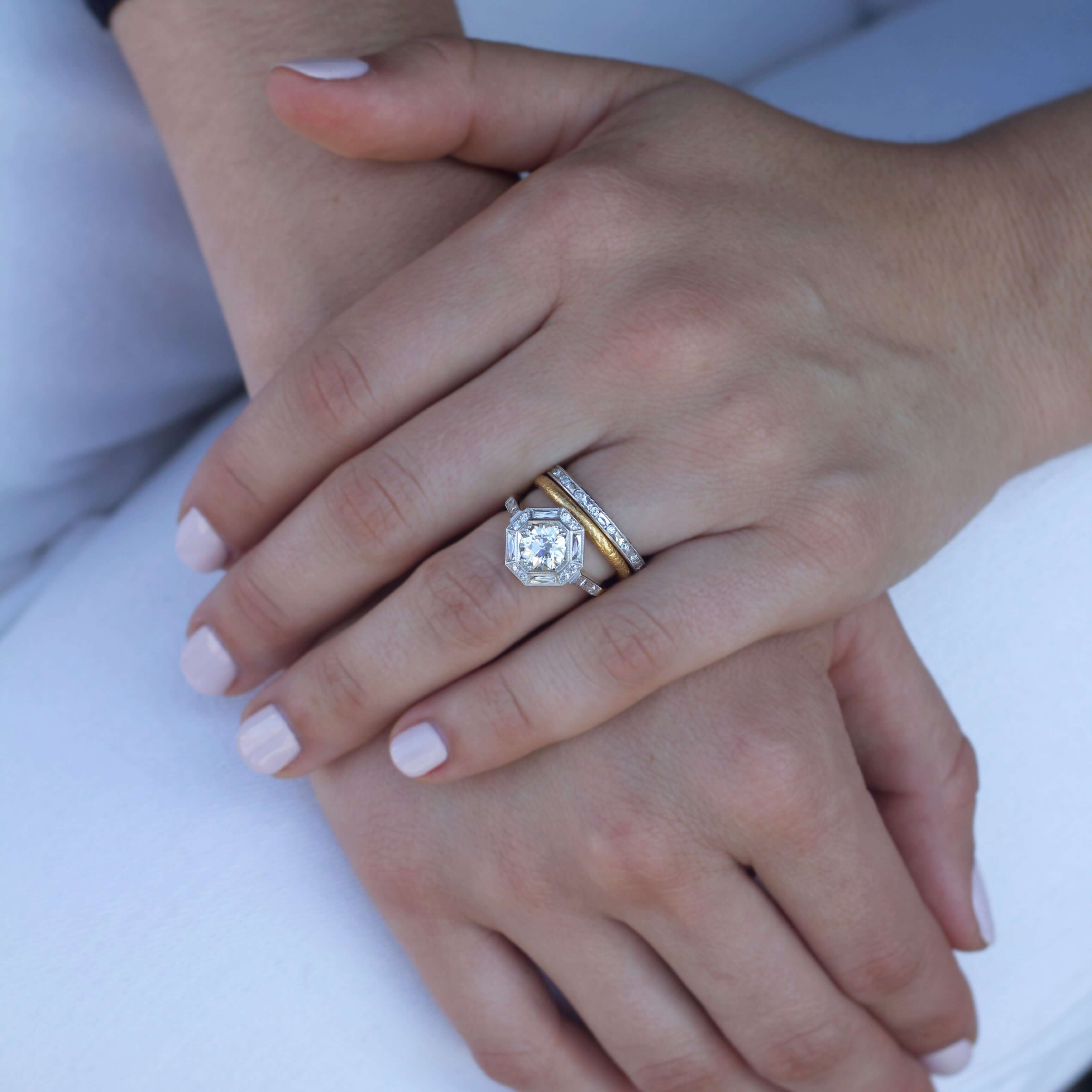 SINGLE STONE SMALL JANE BAND | 1.5mm handcrafted hammer finished gold band. Please inquire for additional customization.